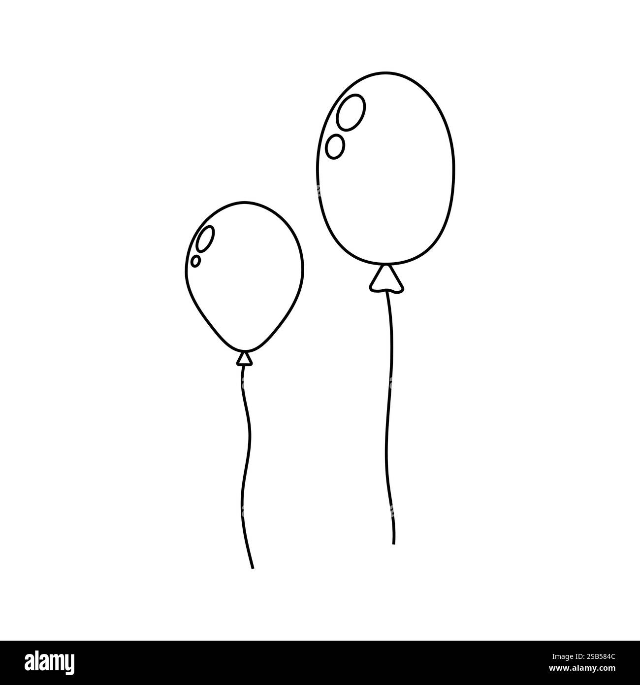 Due palloncini, uno più grande dell'altro, sono raffigurati semplicemente in bianco e nero, mostrando uno stile artistico minimalista. Illustrazione Vettoriale