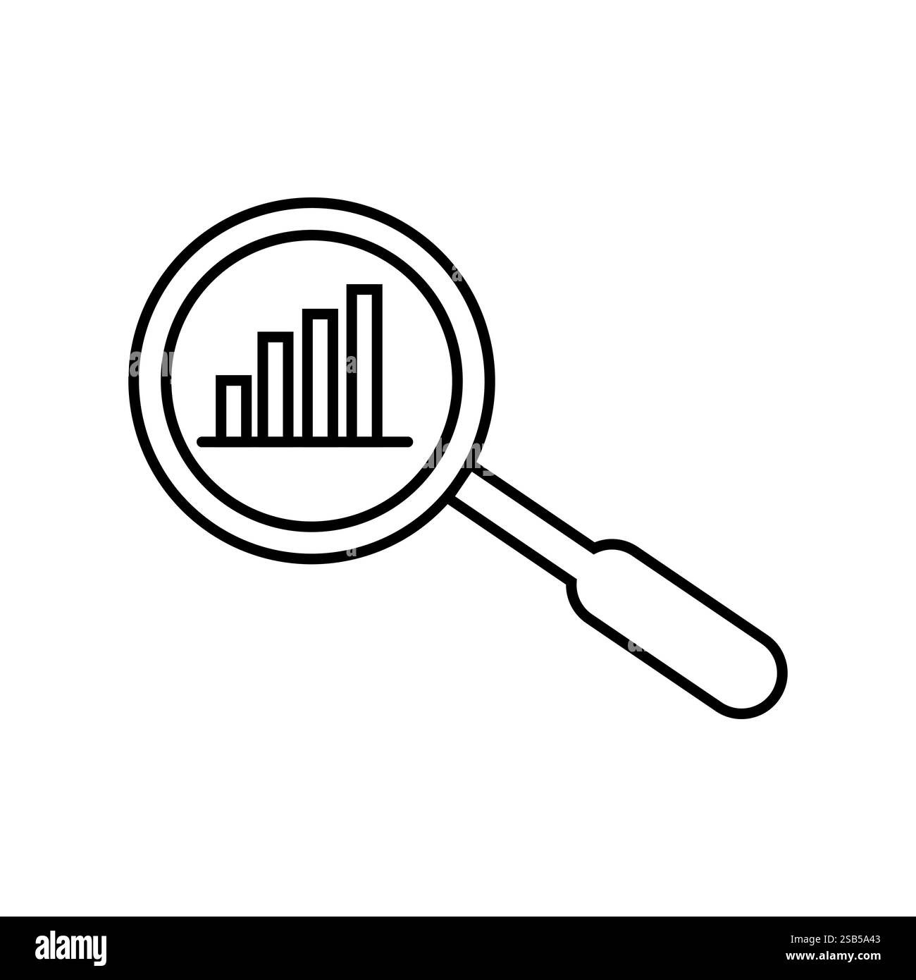 Disegno in bianco e nero di una lente d'ingrandimento con un grafico a barre all'interno. Illustrazione Vettoriale