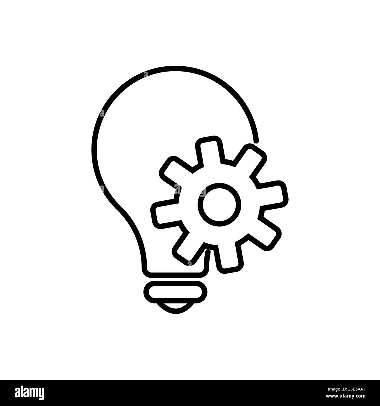 Un semplice disegno a linee di una lampadina con un ingranaggio sovrapposto sopra di essa. Illustrazione Vettoriale