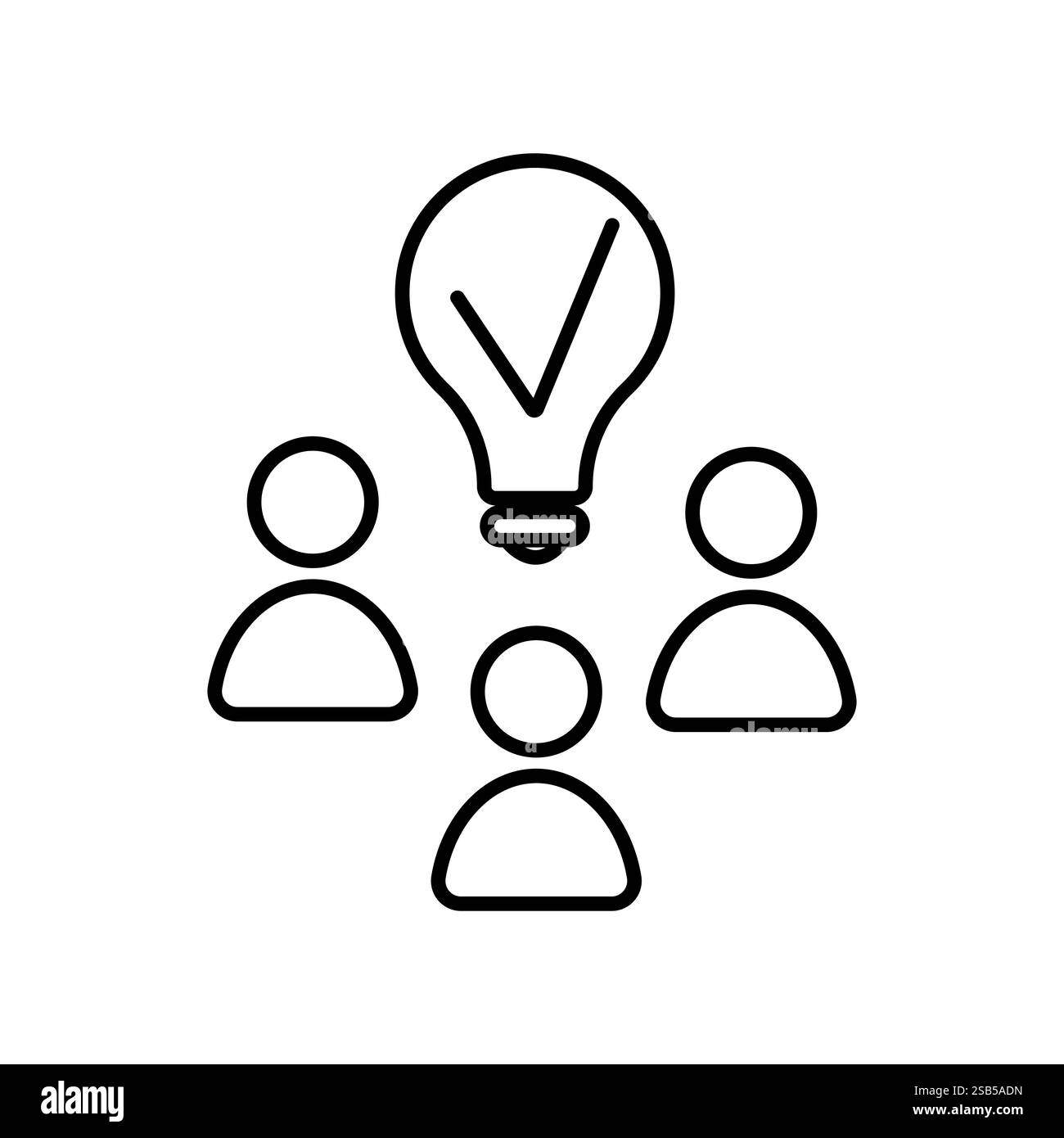 Un disegno di tre persone con una lampadina con un segno di spunta all'interno. Illustrazione Vettoriale