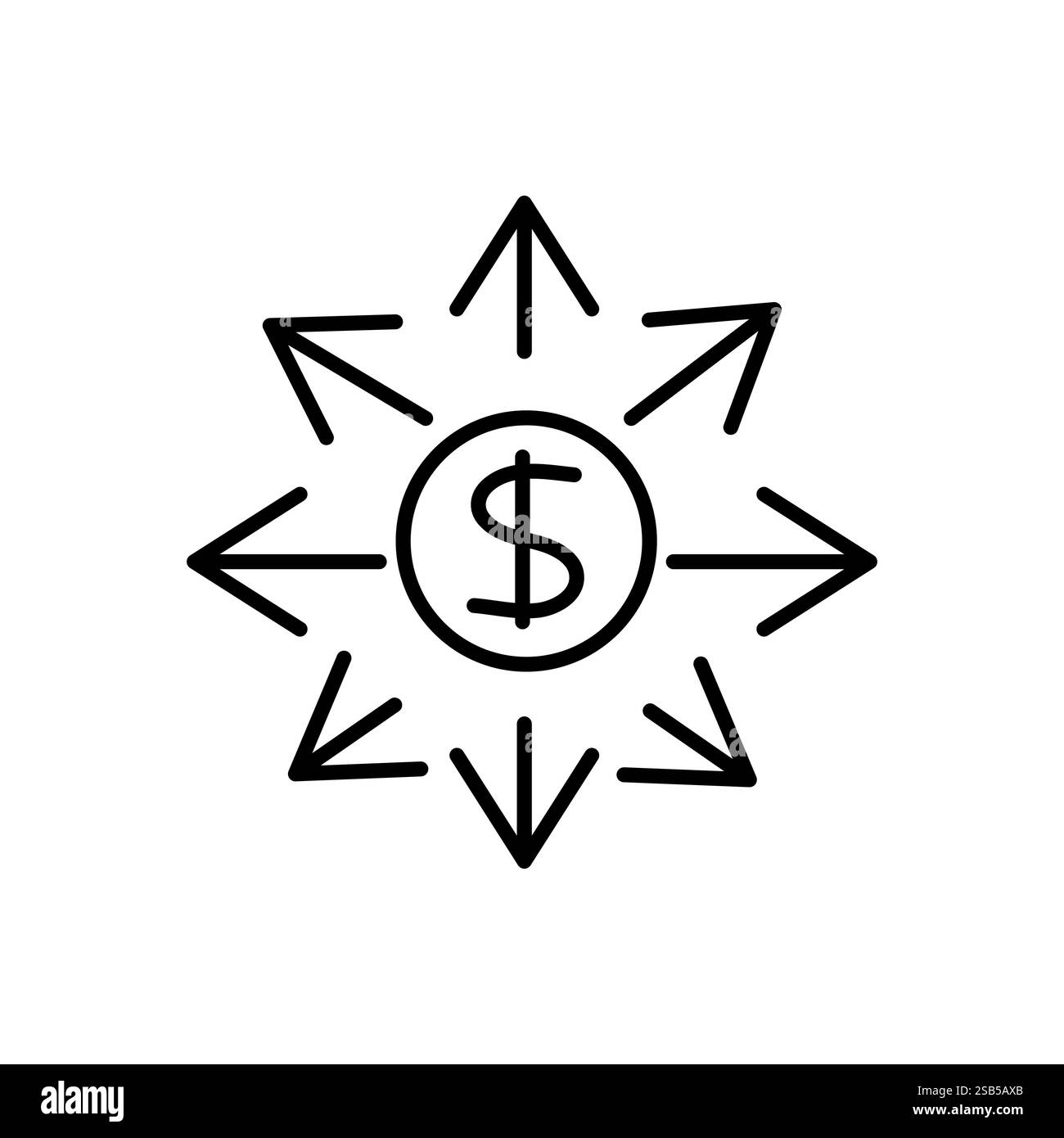 Una semplice illustrazione grafica in bianco e nero di un simbolo del dollaro all'interno di un cerchio con frecce che puntano verso l'interno e verso l'esterno. Illustrazione Vettoriale