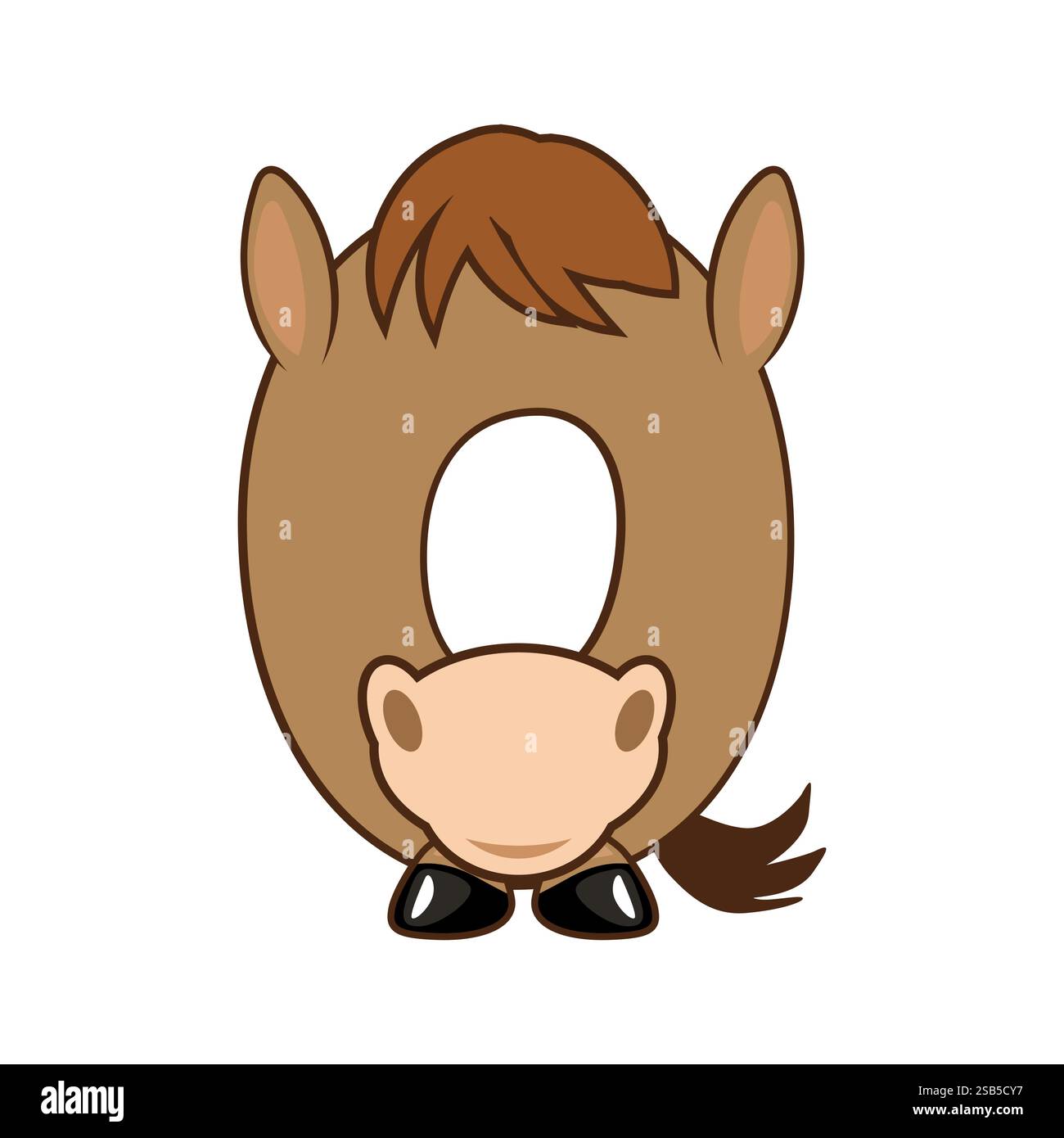 Personaggio divertente Cavallo numero 0, figura Zero. Cartone animato di numero con un concetto animale. Calligrafia, lettere, tipografia per le schede didattiche o. Illustrazione Vettoriale