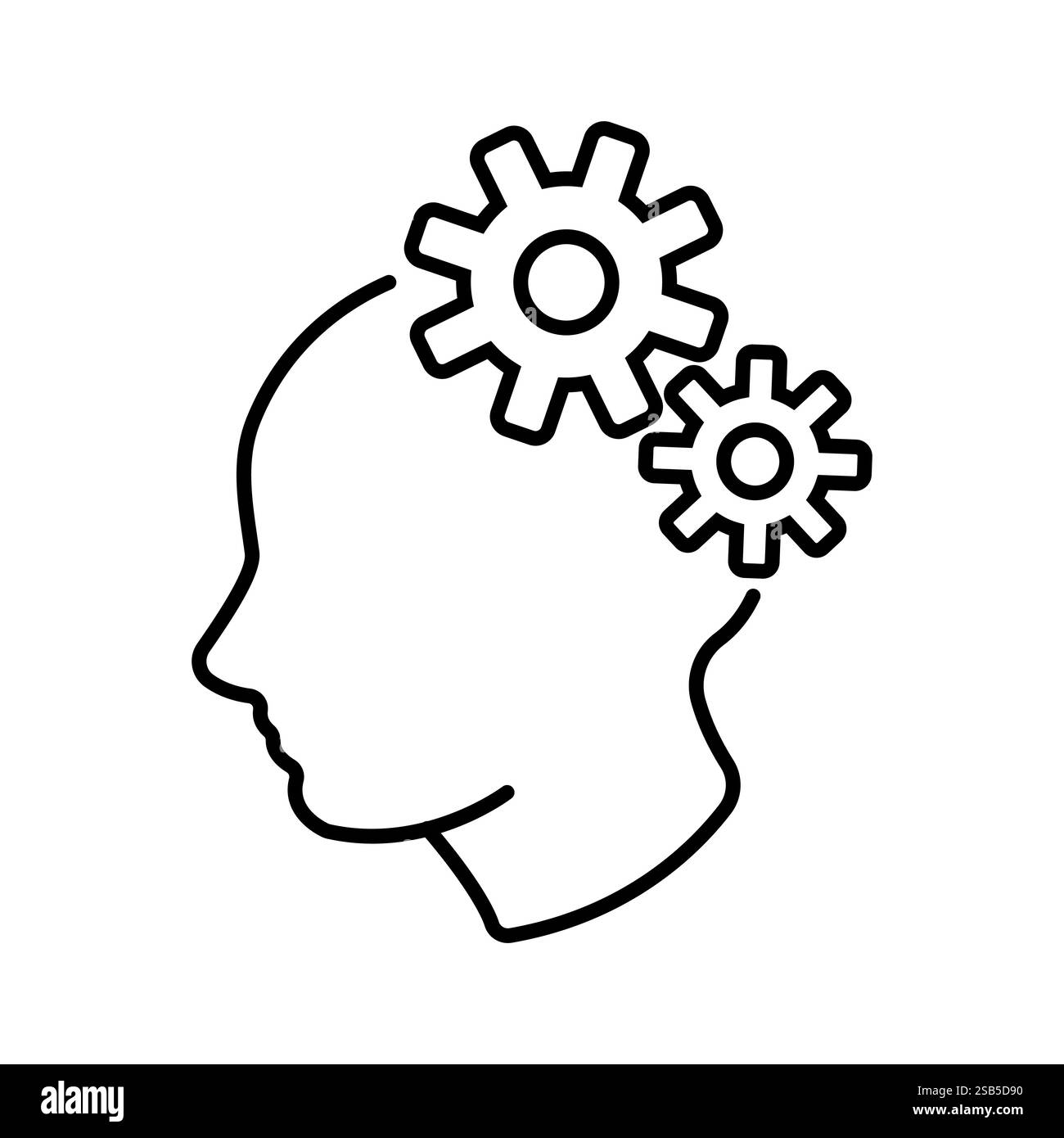 Un disegno della testa di una persona con due ingranaggi, uno più grande dell'altro, situati sopra la testa. Illustrazione Vettoriale
