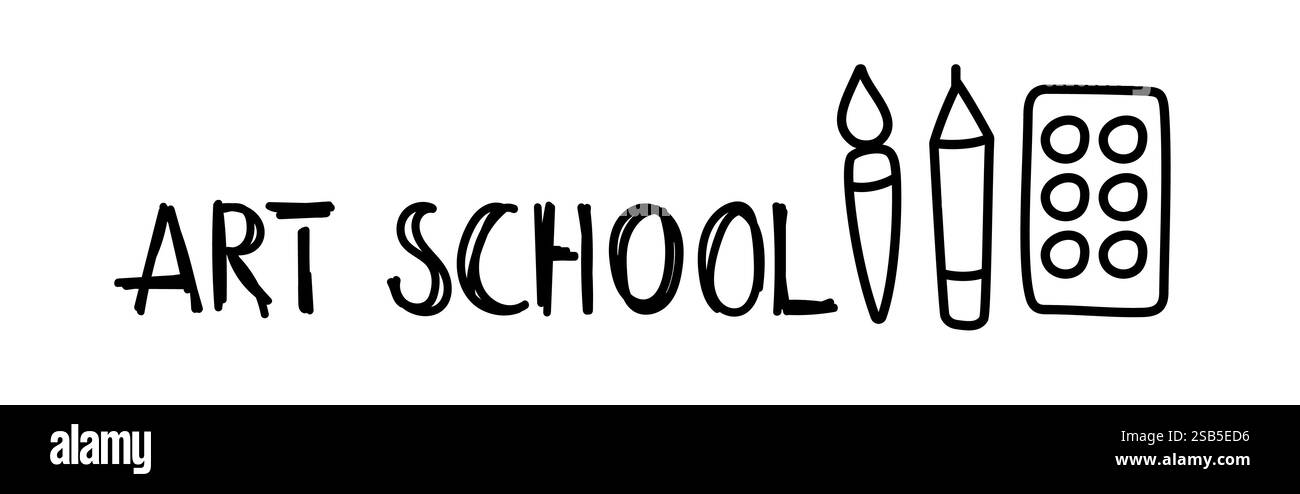 Scuola di scrittura semplice disegnata a mano. Le lettere sono fatte con un pennello con un tratto spesso. Illustrazione vettoriale in bianco e nero sull'apprendimento e bebini Illustrazione Vettoriale