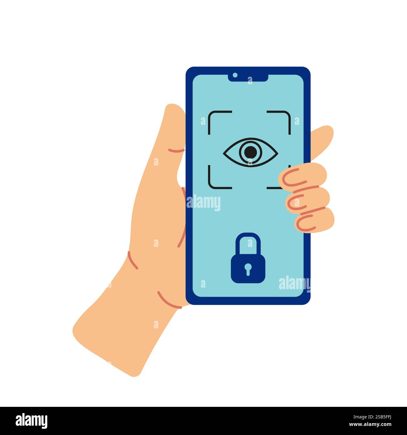 Una mano regge uno smartphone con una funzione di scansione degli occhi sullo schermo. Sullo schermo viene visualizzata anche un'icona a forma di lucchetto, a indicare che il telefono è bloccato Illustrazione Vettoriale