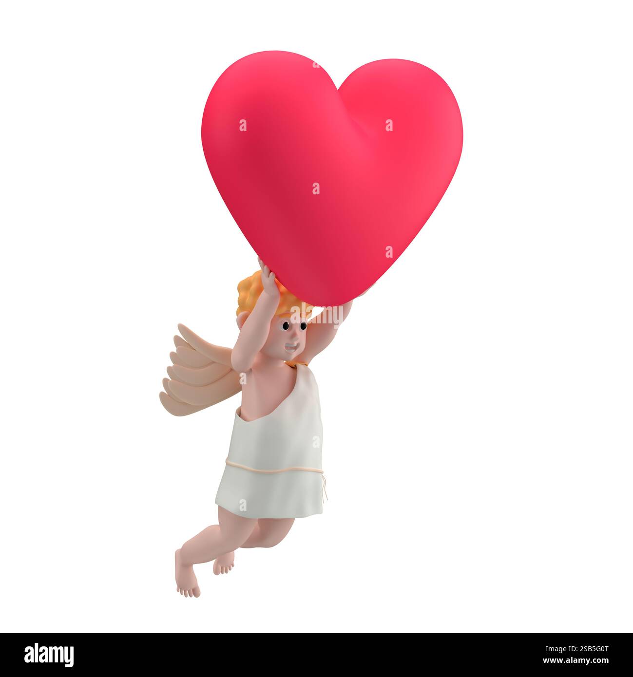 Personaggio Cupido con ali che volano sotto un grande cuore rosso e lo tengono in mano, rendering 3d. Foto Stock