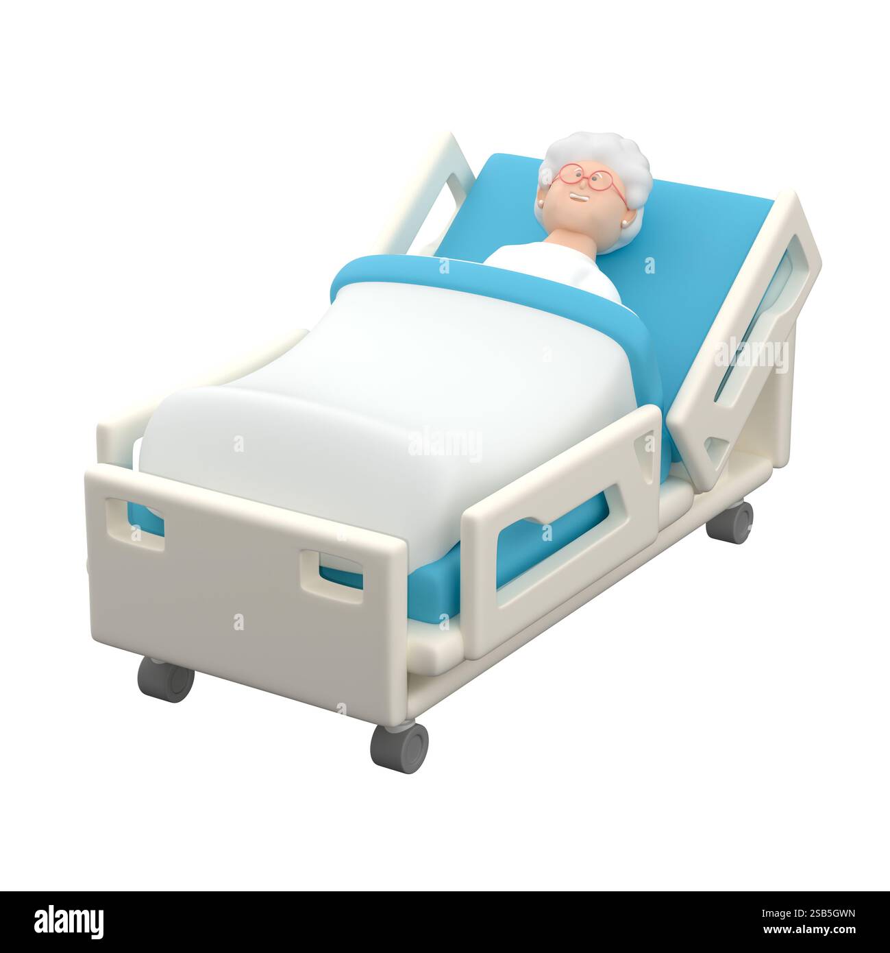 Personaggio femminile anziano sdraiato su un letto medico, rendering 3d. Foto Stock