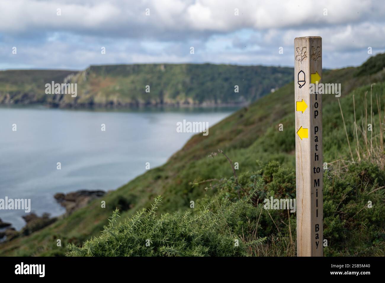 Nuova segnaletica per il sentiero situato sul sentiero costiero sud-ovest tra gara Rock e Mill Bay, con canale inglese e Bolt Heat nel fondo. Foto Stock