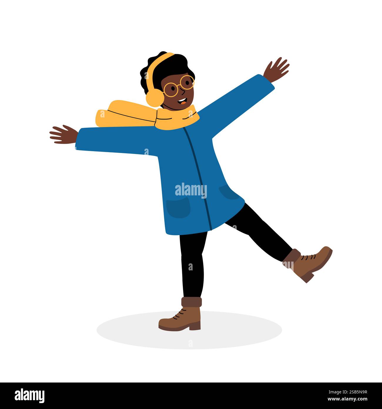 Un bambino allegro con le cuffie e una sciarpa sta ballando giocosamente all'aperto in una giornata fredda, mostrando felicità nell'abbigliamento invernale. I colori brillanti aggiungono Illustrazione Vettoriale