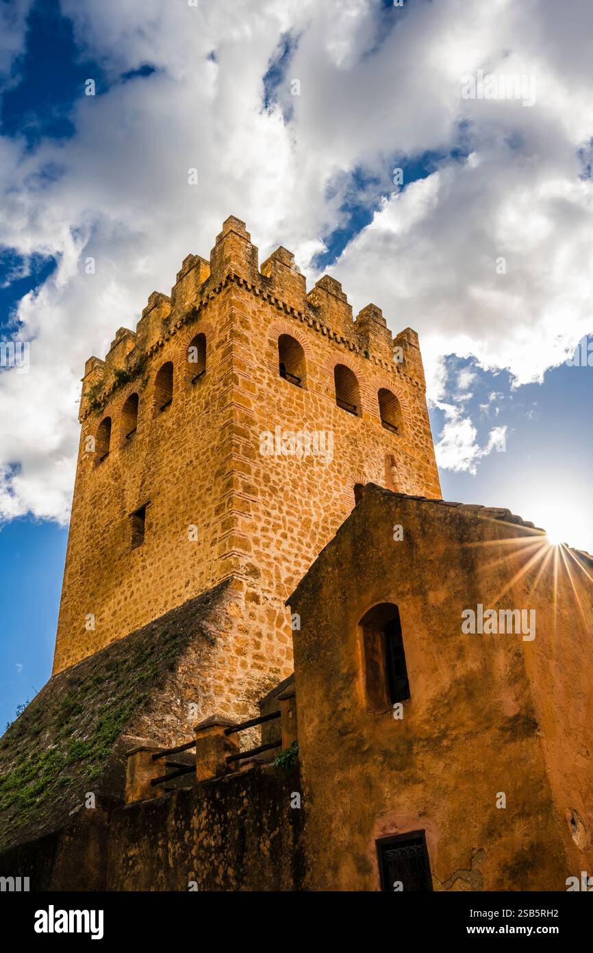 Soleggiata sui tetti, dai giardini della Kasbah, Chefchaouen, Marocco Foto Stock