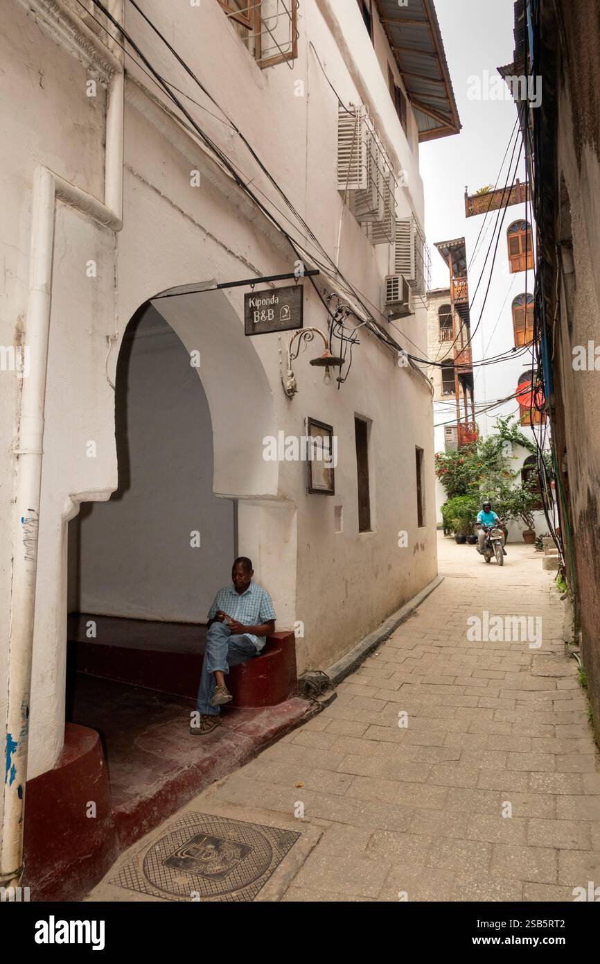 Africa Tanzania, Zanzibar, Stonetown, città vecchia, Kiponda, Jamatini Road, entrata storica dell'hotel Bed and Breakfast nella tradizionale casa swahili Foto Stock