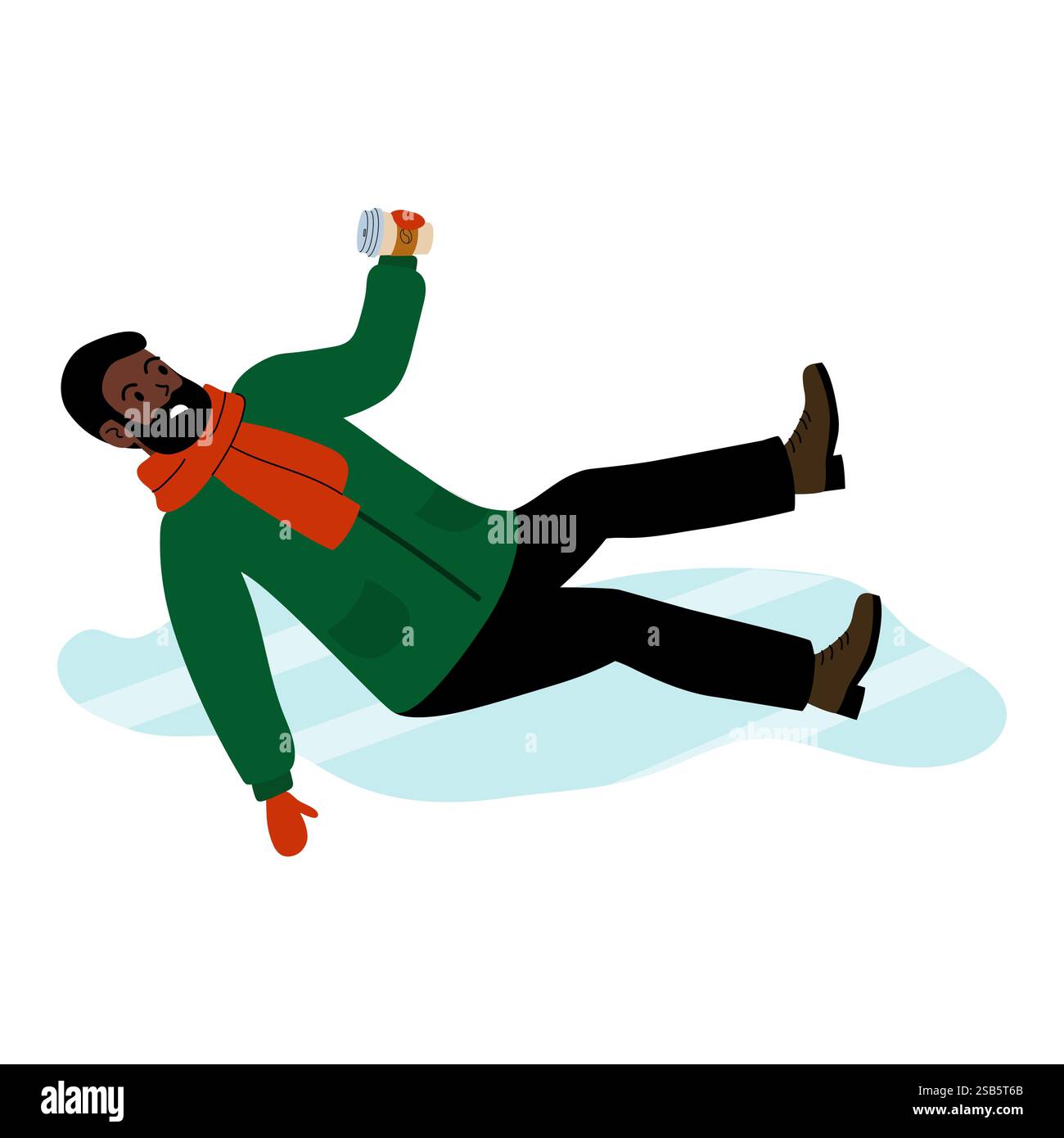 Una persona vestita in modo caldo con un cappotto verde, sciarpa arancione e stivali gialli scivola su una striscia di ghiaccio, mostrando la natura giocosa ma precaria di Illustrazione Vettoriale