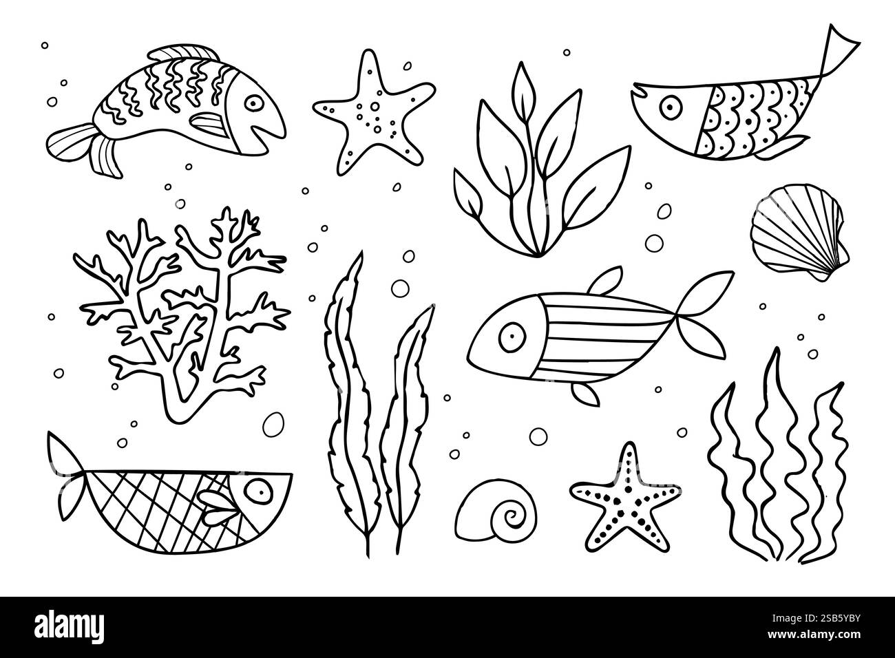 Disegno di vari animali marini su carta Illustrazione Vettoriale