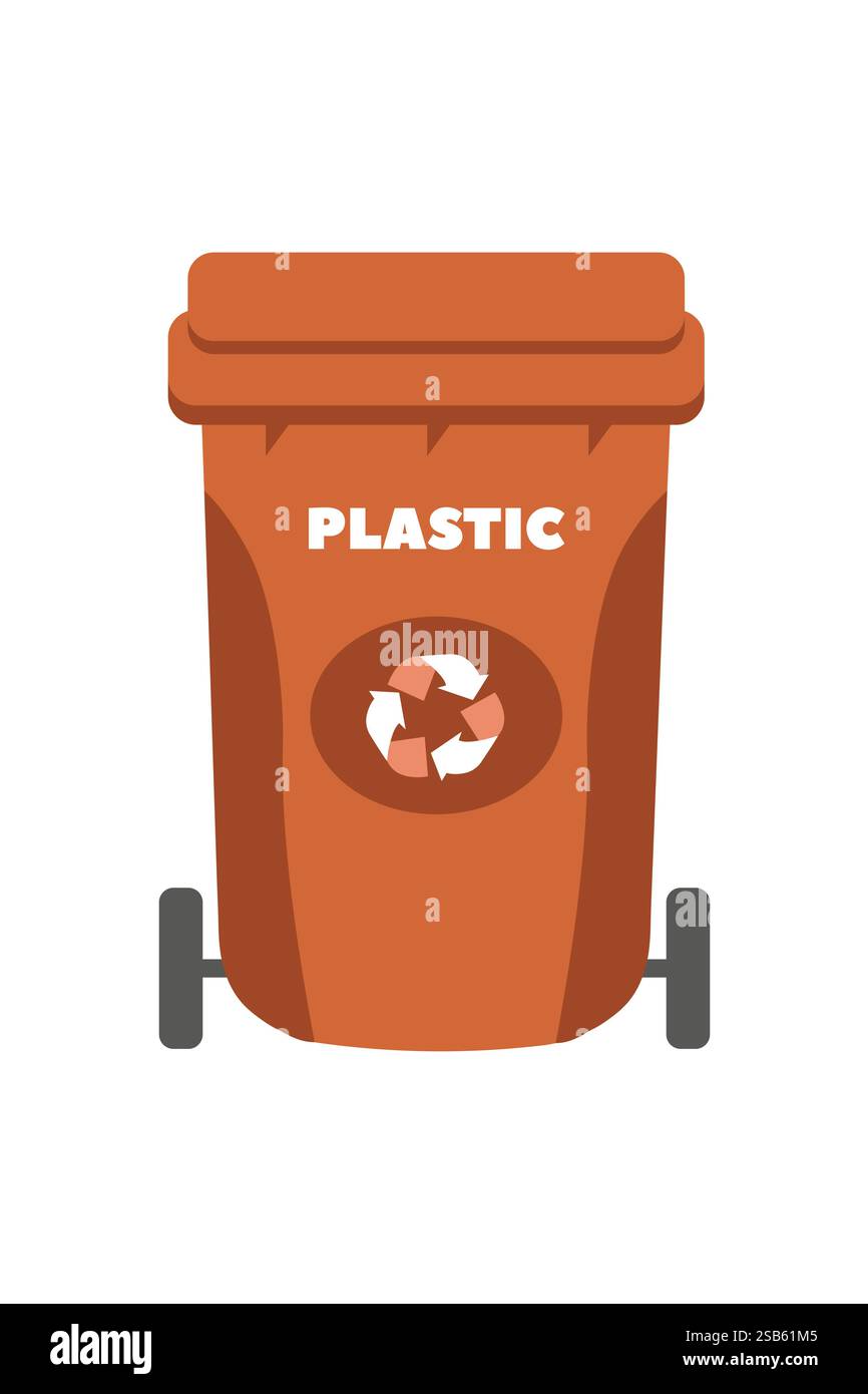 Un contenitore arancione brillante etichettato per il riciclaggio della plastica si trova su una superficie. Il contenitore è dotato di un simbolo di riciclaggio che incoraggia il corretto smaltimento dei rifiuti e la loro efficacia Illustrazione Vettoriale