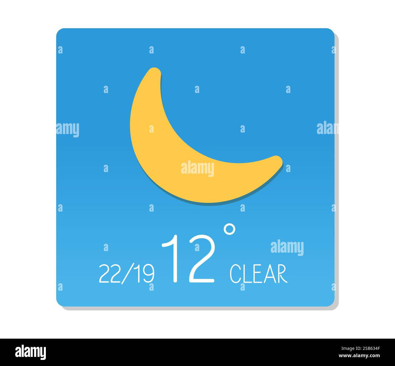 Il display meteo mostra una luna a mezzaluna chiara con una temperatura di 12 gradi, a indicare condizioni serali piacevoli. Illustrazione Vettoriale