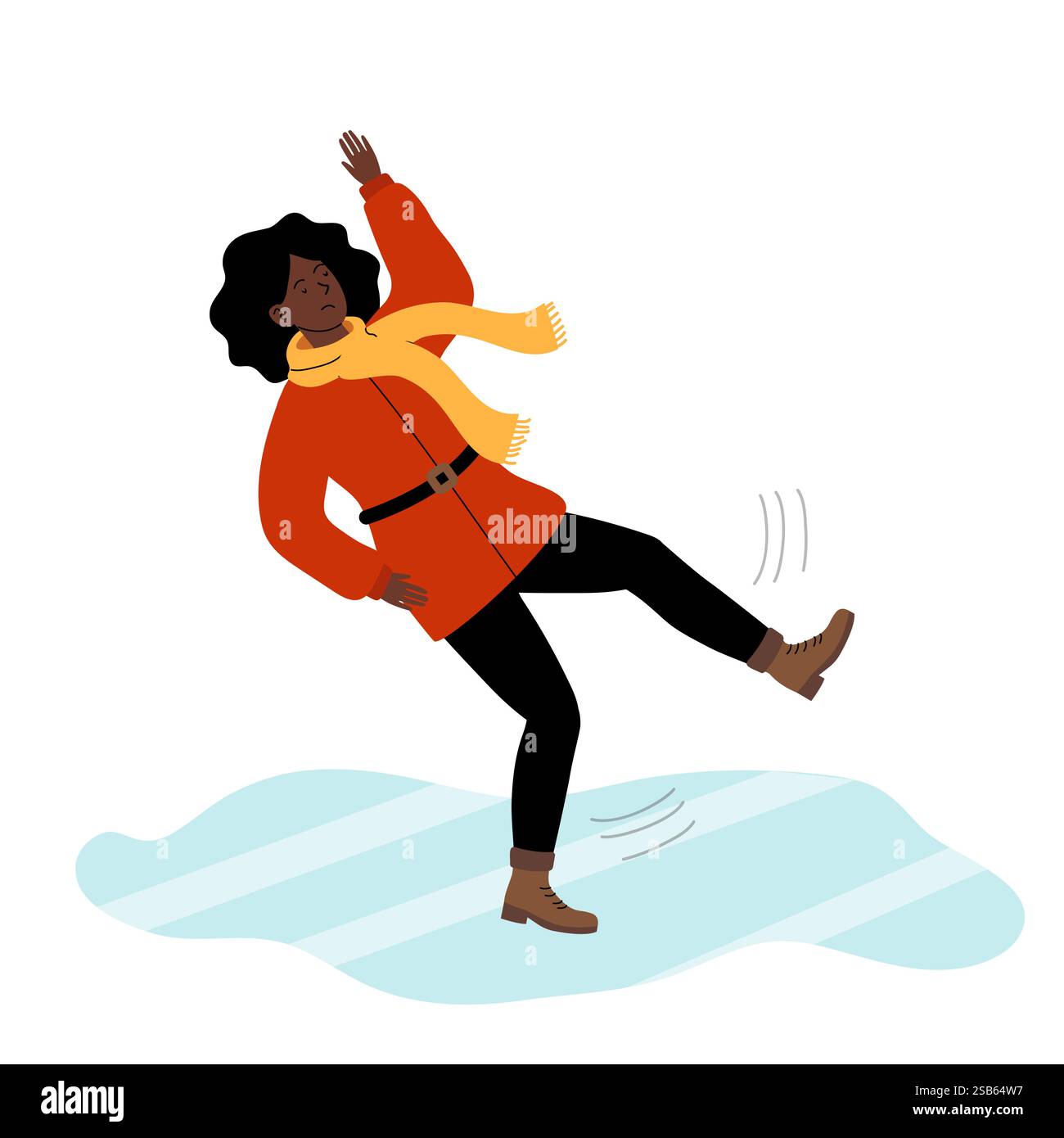 Una donna sta perdendo l'equilibrio mentre cammina su un pezzo di ghiaccio. Indossa un cappotto arancione brillante, una sciarpa gialla e stivali marroni. L'impostazione raffigura un Illustrazione Vettoriale