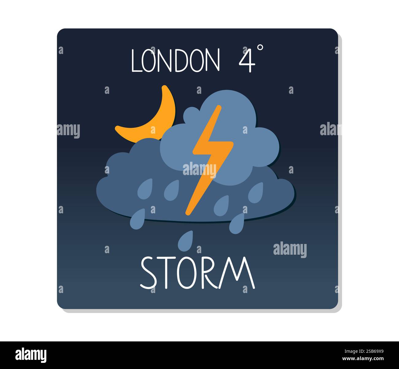 Le previsioni meteo per Londra mostrano una tempesta con pioggia e fulmini a una temperatura di 4 gradi Celsius. Illustrazione Vettoriale
