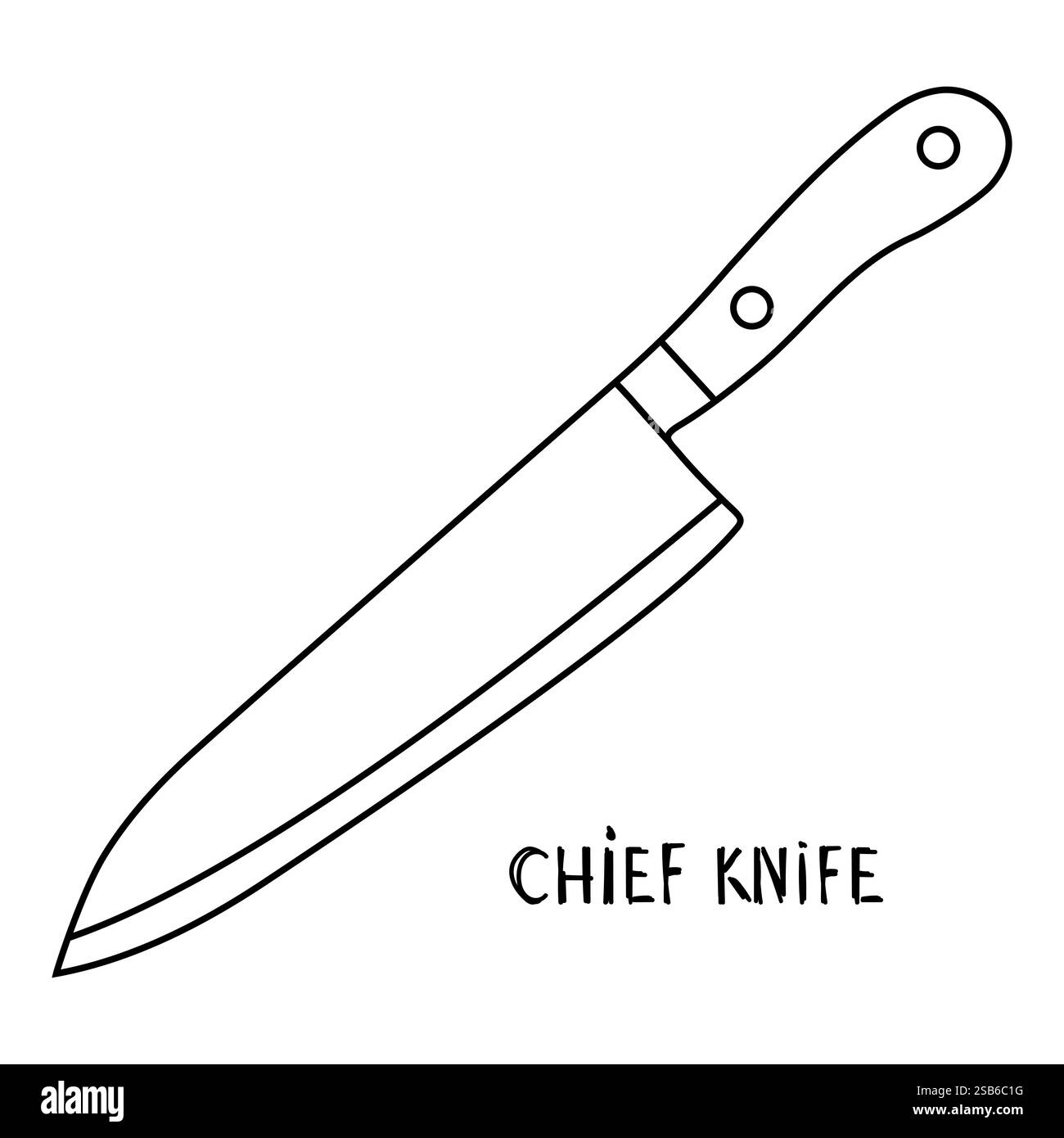 Questo disegno in bianco e nero mostra un'illustrazione dettagliata di un coltello da cuoco. Il coltello è raffigurato in uno stile realistico, evidenziandone la lama, ha Illustrazione Vettoriale