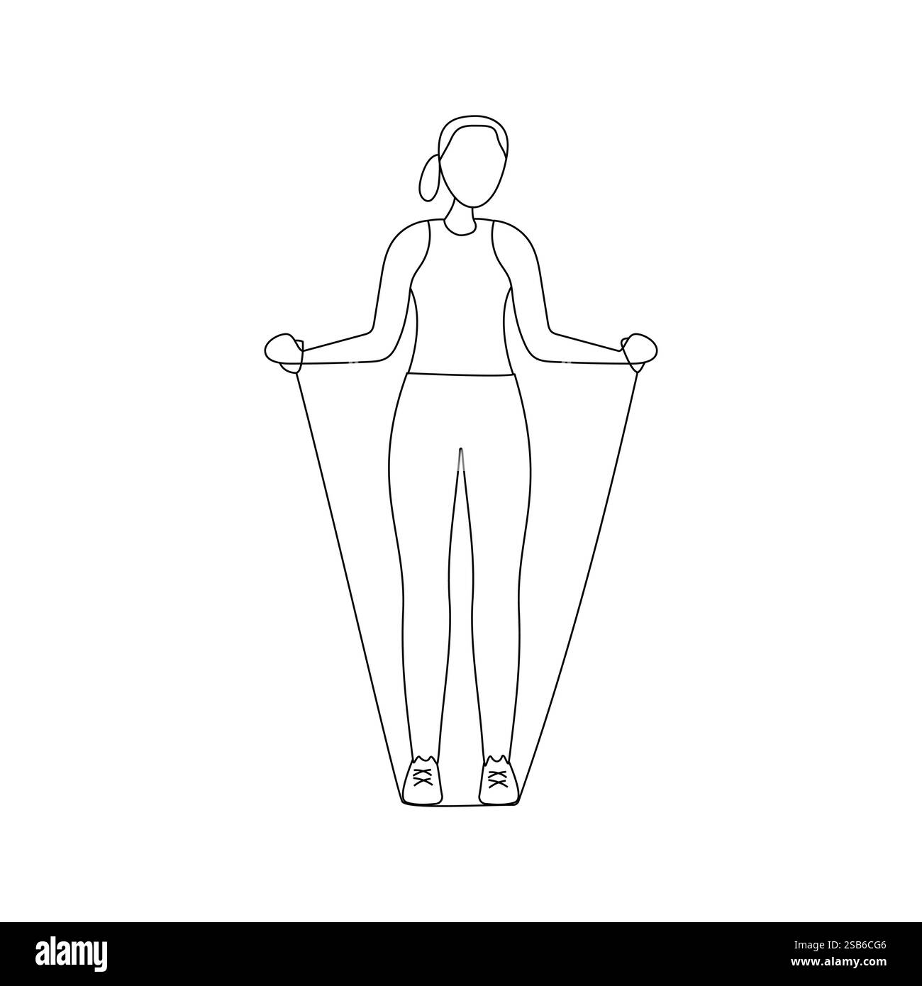 Una donna esegue un esercizio a banda di resistenza a casa, concentrandosi sul suo allenamento di forza mantenendo una postura equilibrata. L'impostazione è luminosa, in Illustrazione Vettoriale
