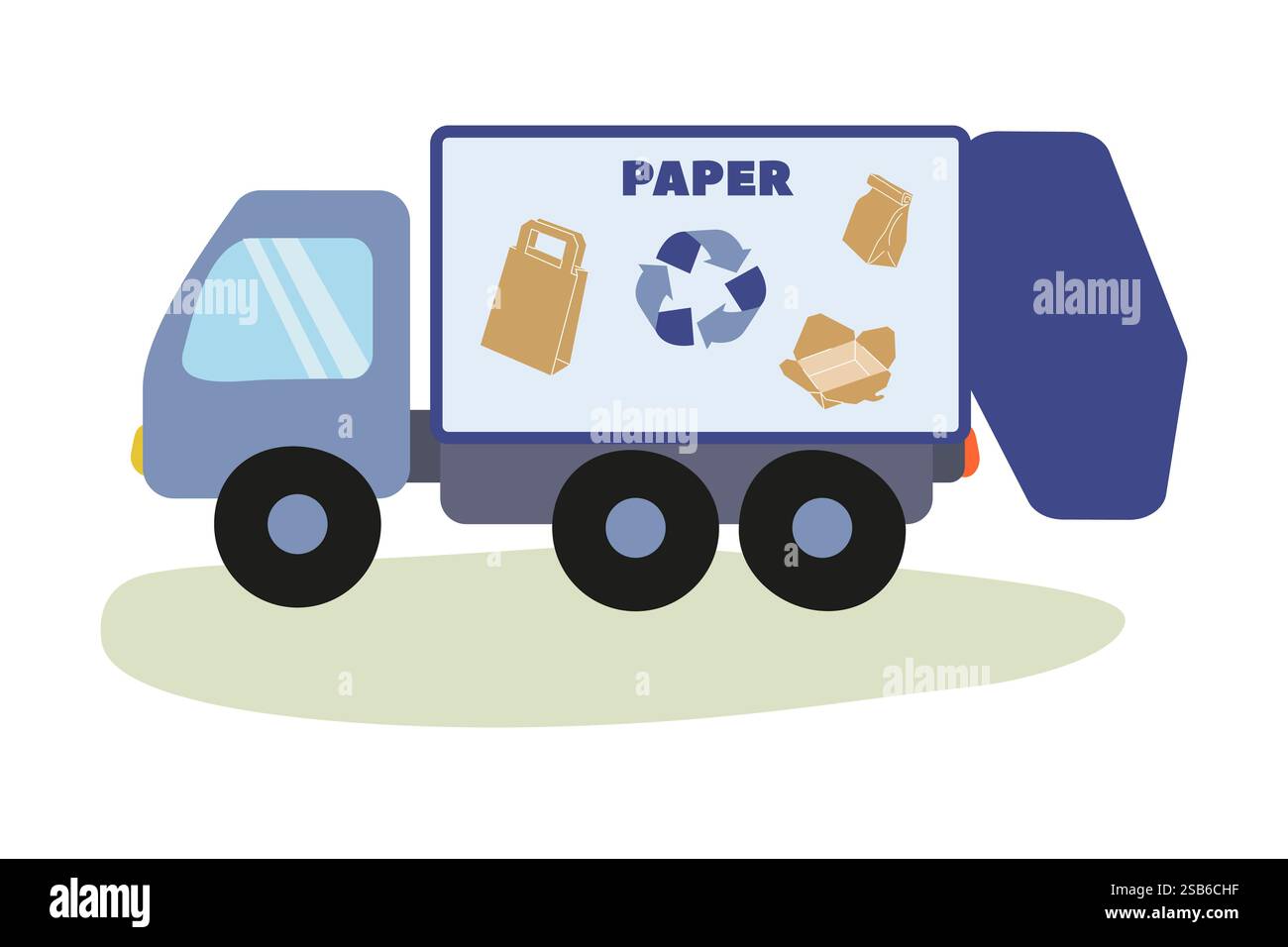Un carrello per il riciclaggio è parcheggiato in una zona destinata alla raccolta dei rifiuti di carta. Il design vivace presenta vari materiali di carta, evidenziatori Illustrazione Vettoriale