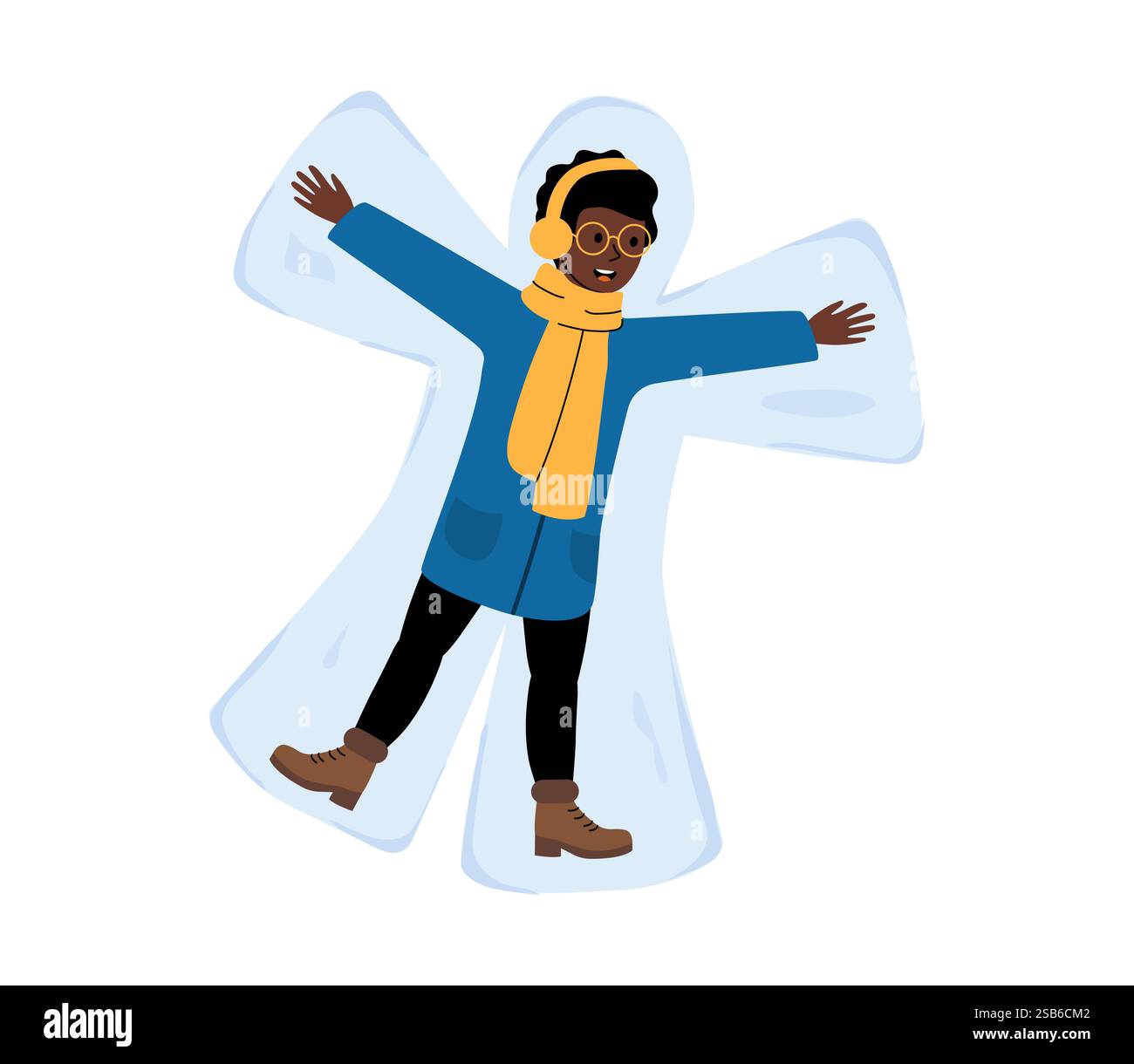 Un bambino gioioso indossa un cappotto blu, una sciarpa gialla e le cuffie mentre crea un angelo della neve. Il luminoso paesaggio invernale mette in risalto il divertimento e il divertimento Illustrazione Vettoriale