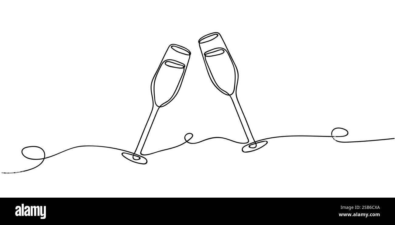 Due bicchieri da champagne sono raffigurati insieme in un disegno minimalista. Il design cattura l'essenza della celebrazione e della gioia, rendendolo perfetto Illustrazione Vettoriale