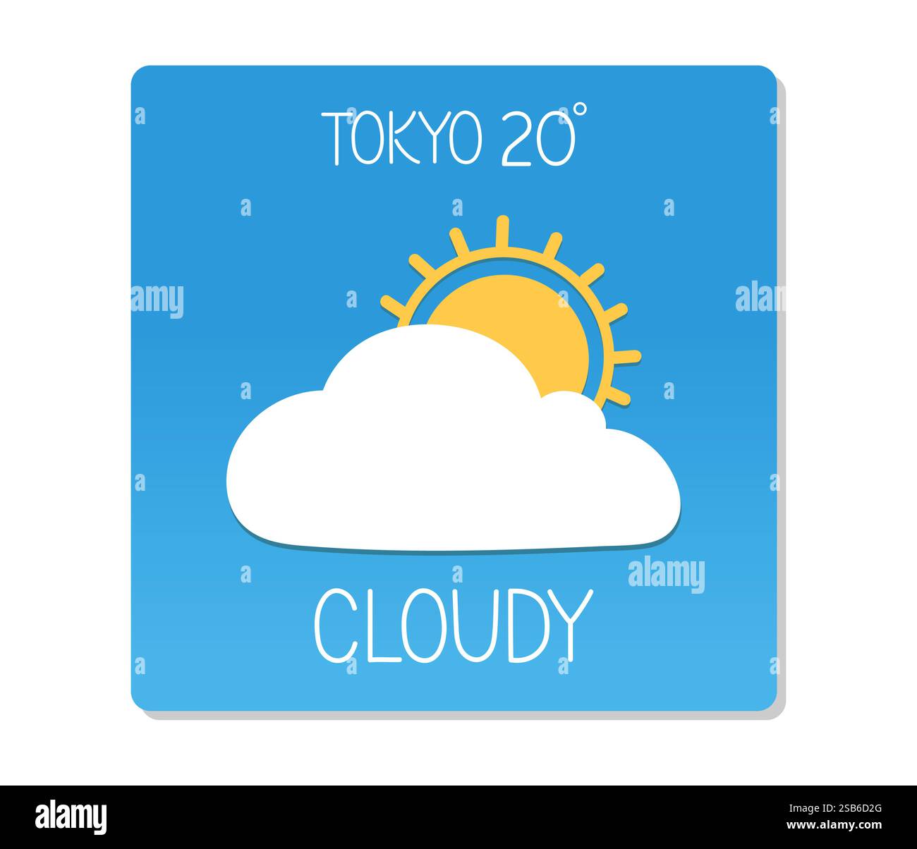 La copertura delle nuvole e un sole luminoso appaiono nelle previsioni meteo di Tokyo, mostrando oggi una temperatura di 20 gradi Celsius. Illustrazione Vettoriale