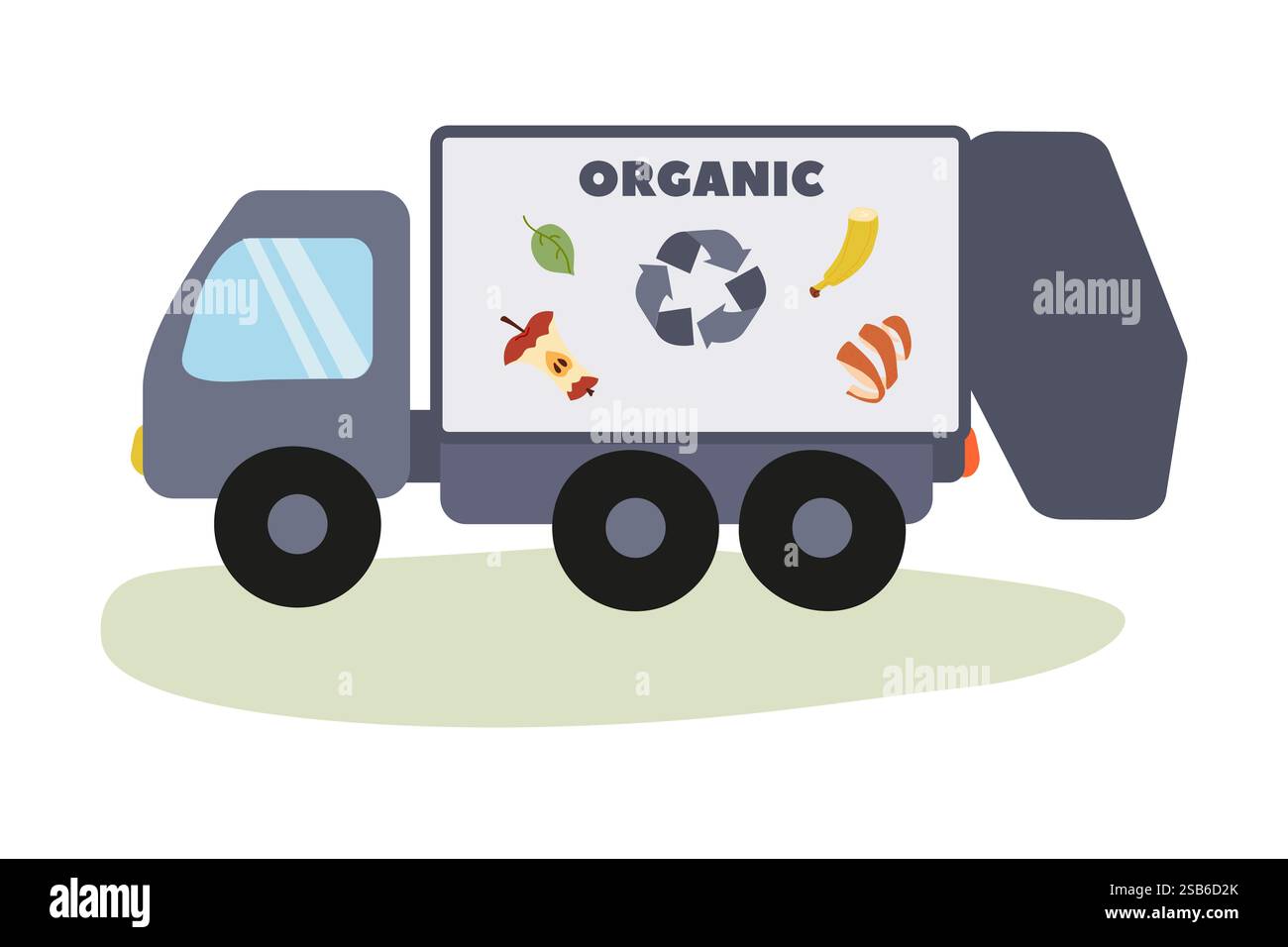Un veicolo progettato per la raccolta dei rifiuti organici mostra il suo approccio ecologico. Il veicolo presenta vivaci illustrazioni di frutta e foglie, pr Illustrazione Vettoriale