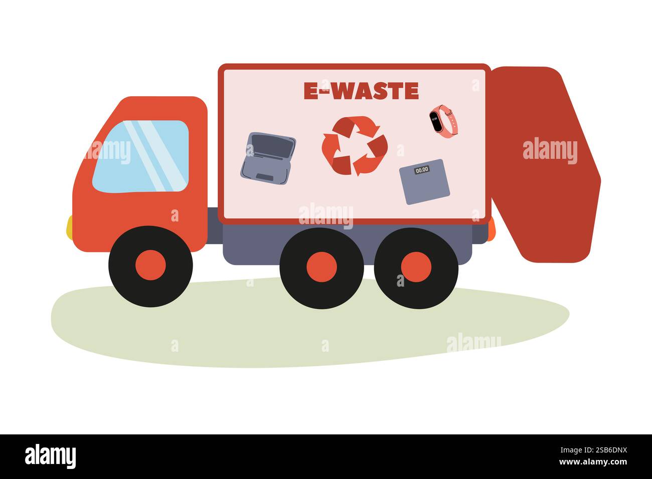 Un veicolo dai colori vivaci progettato per la raccolta dei rifiuti elettronici presenta vari elementi elettronici su un lato. Illustrazione Vettoriale
