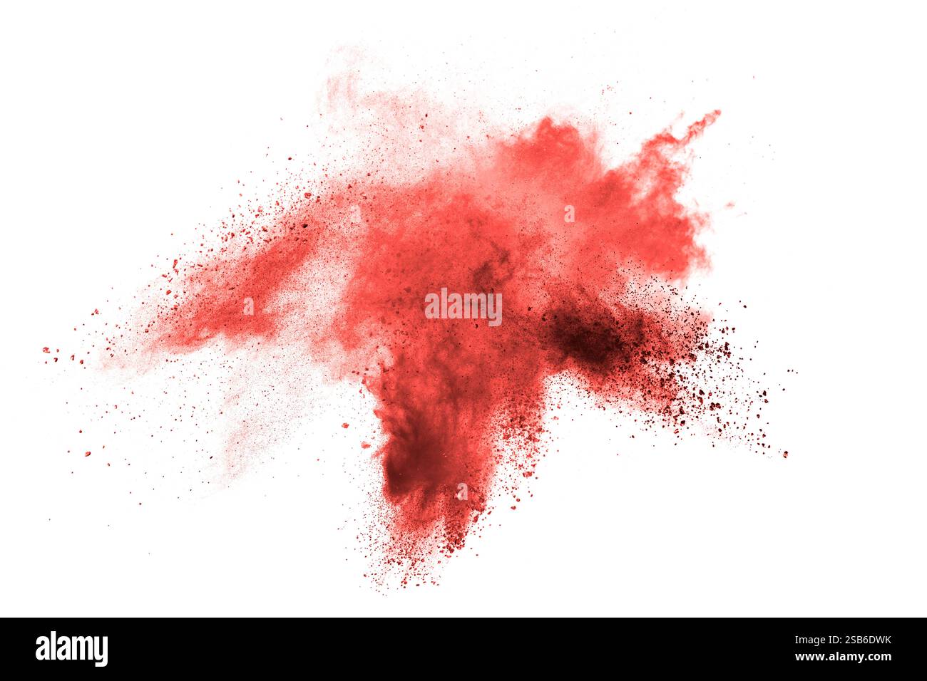 Nuvola rossa di polvere soffia su sfondo bianco. La polvere è di colore rosso e nero. Foto Stock