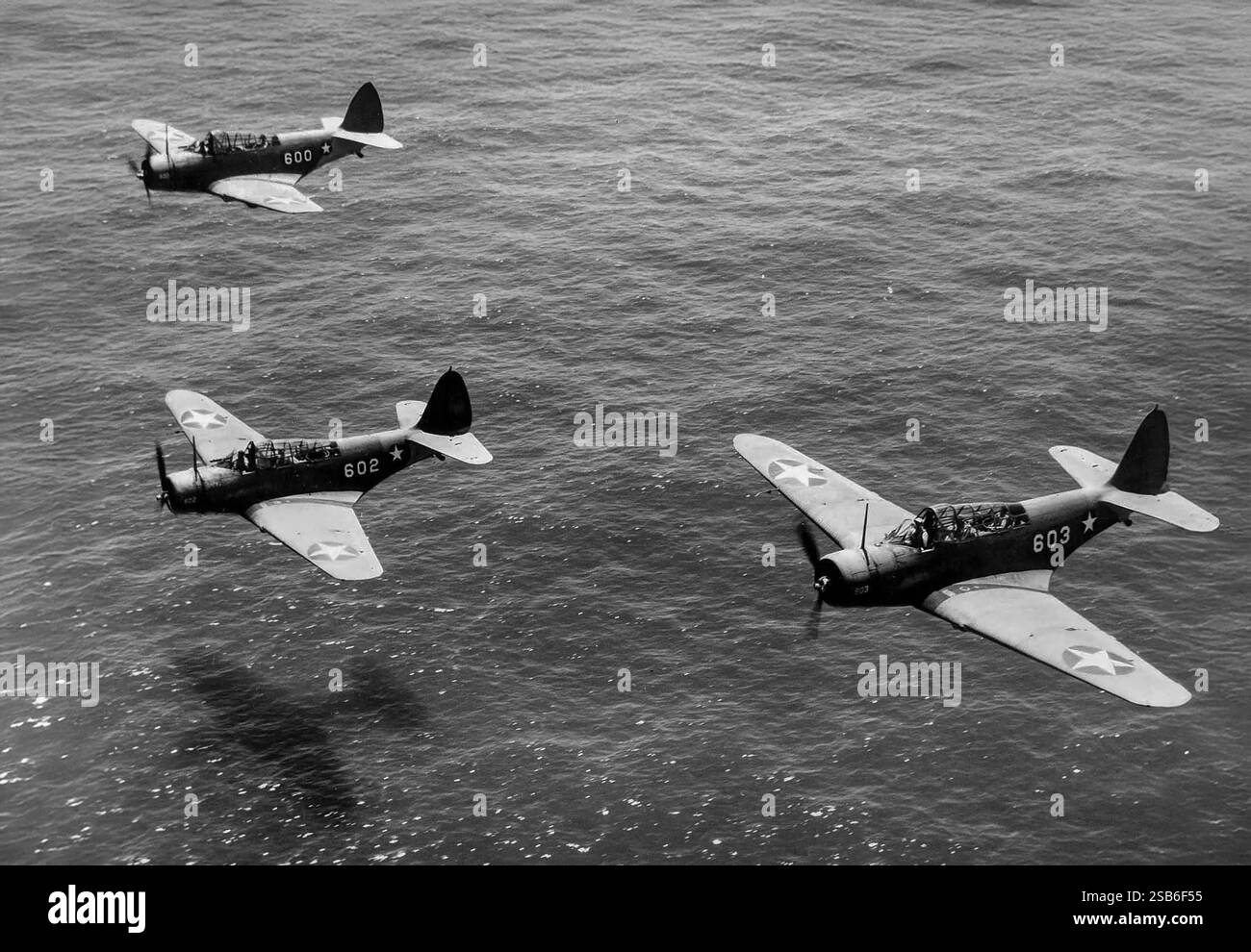 Douglas Devastatori da definire in volo. Il bombardiere siluro americano della United States Navy fu ordinato nel 1934, volò per la prima volta nel 1935 ed entrò in servizio nel 1937. A quel punto, era il velivolo più avanzato in volo per la Marina, essendo il primo monoplano in metallo della Marina degli Stati Uniti, tuttavia, al momento dell'entrata degli Stati Uniti nella seconda guerra mondiale, il TBD era già obsoleto. Foto Stock