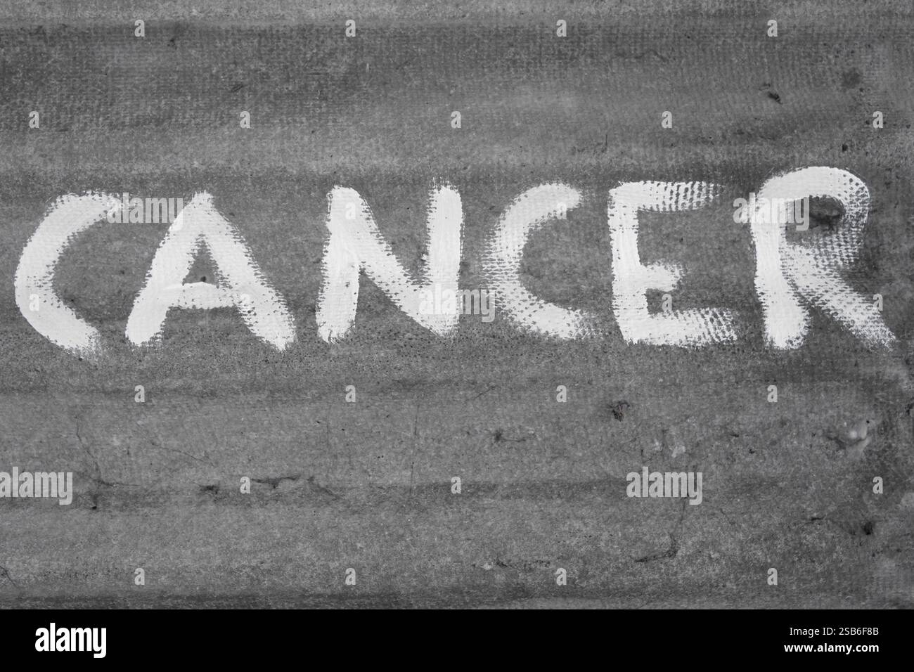 Parola oncologica macchiata con lettere di vernice bianca su lastre di amianto ondulato, trama astratta in primo piano, materiale cancerogeno, Foto Stock