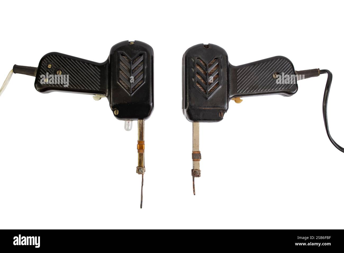 Due pistole di saldatura elettroniche vintage, isolate su bianco Foto Stock