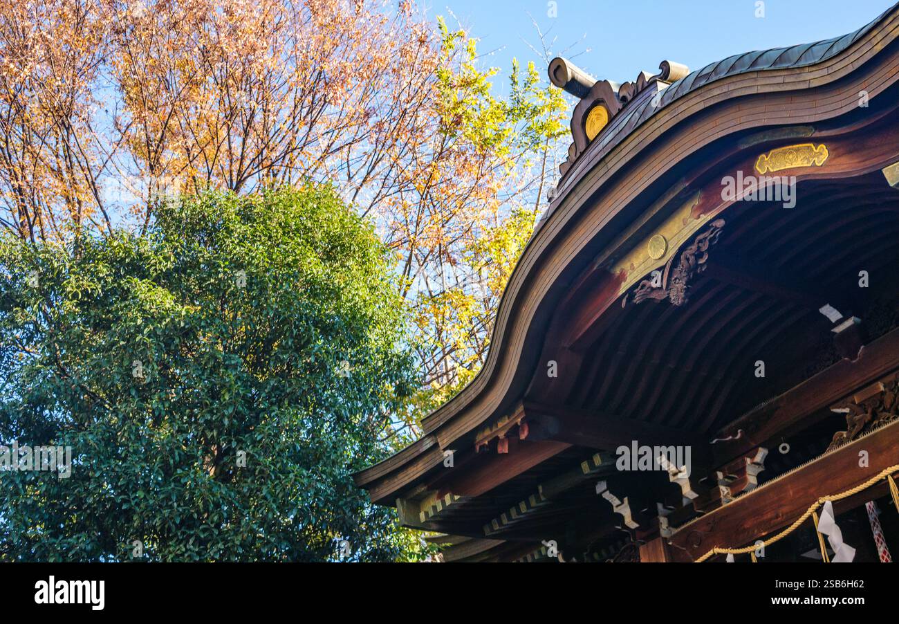 Shitaya Shrine a Higashi-Ueno, Taito Ward, Tokyo, ha catturato il mio sguardo con il suo elegante tetto curvo, noto come karahafu, e gli accessori in metallo lucido che se lo sono Foto Stock