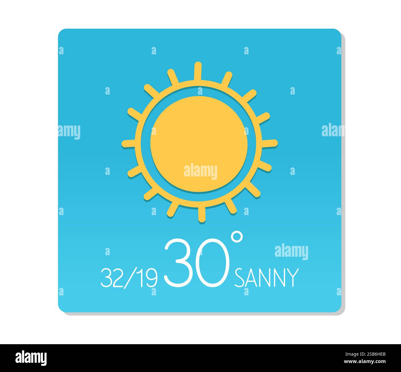 L'icona del sole luminoso indica il clima soleggiato con una temperatura di 30 gradi Celsius a Sanny, suggerendo una giornata calda. Illustrazione Vettoriale