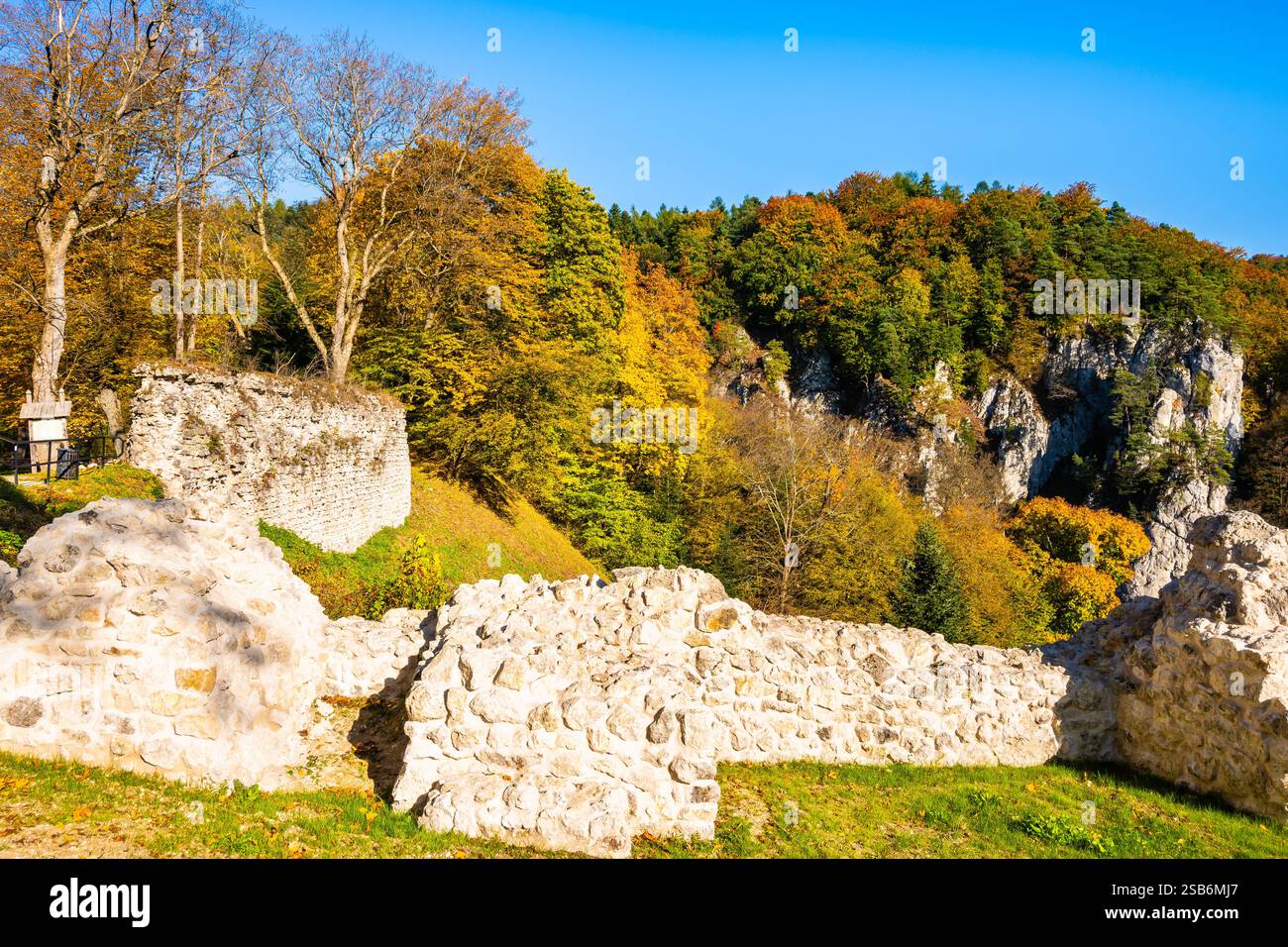 Rovine del vecchio castello in autunno colori autunnali degli alberi nel Parco Nazionale di Ojcow, Polonia Foto Stock