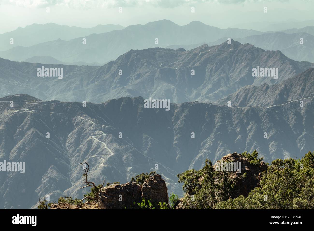 Paesaggio montano mozzafiato di Abha, Arabia Saudita Foto Stock