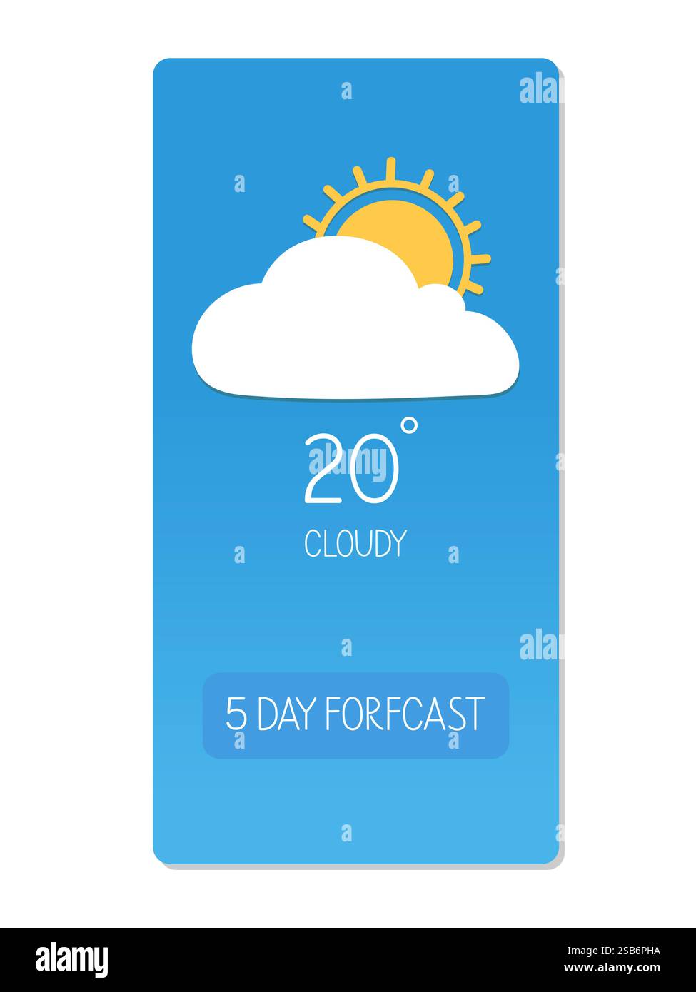 Le previsioni meteo mostrano una temperatura di 20 gradi con un sole parzialmente coperto da nuvole, a indicare le condizioni di nuvolosità. Illustrazione Vettoriale
