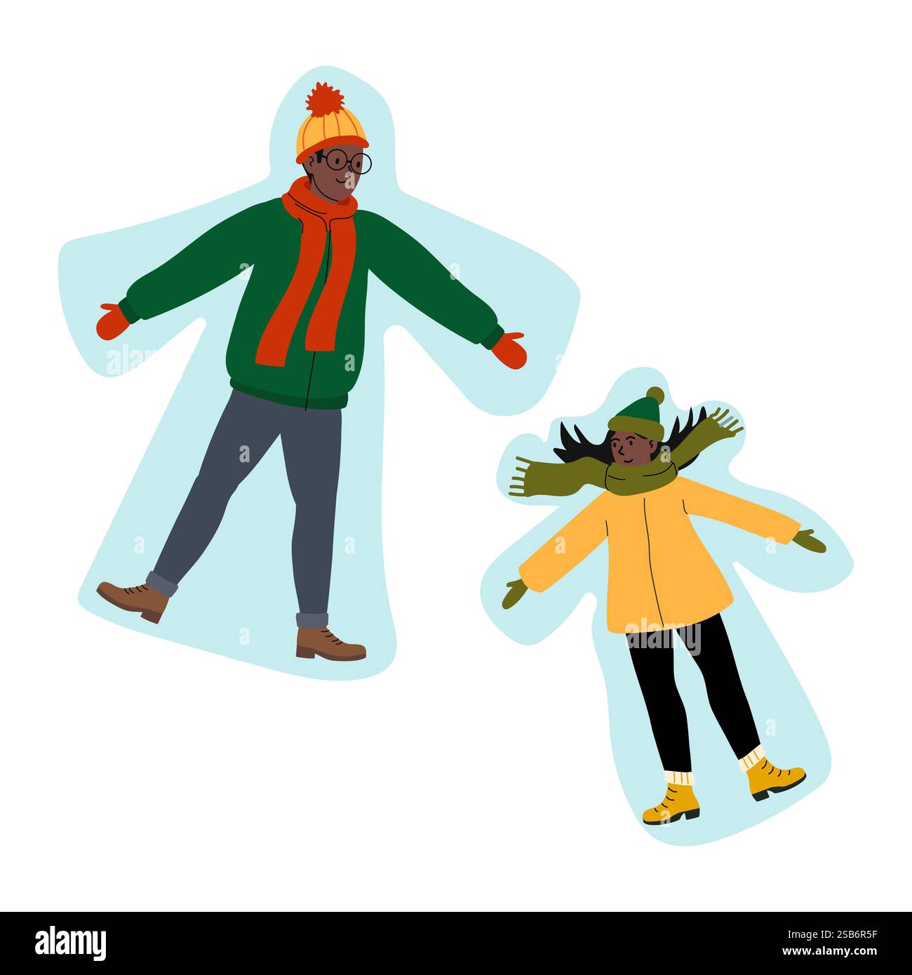 Due amici si divertono una giornata invernale facendo angeli di neve insieme. Sono vestiti caldi con cappotti colorati, cappelli e sciarpe, catturando la gioia Illustrazione Vettoriale