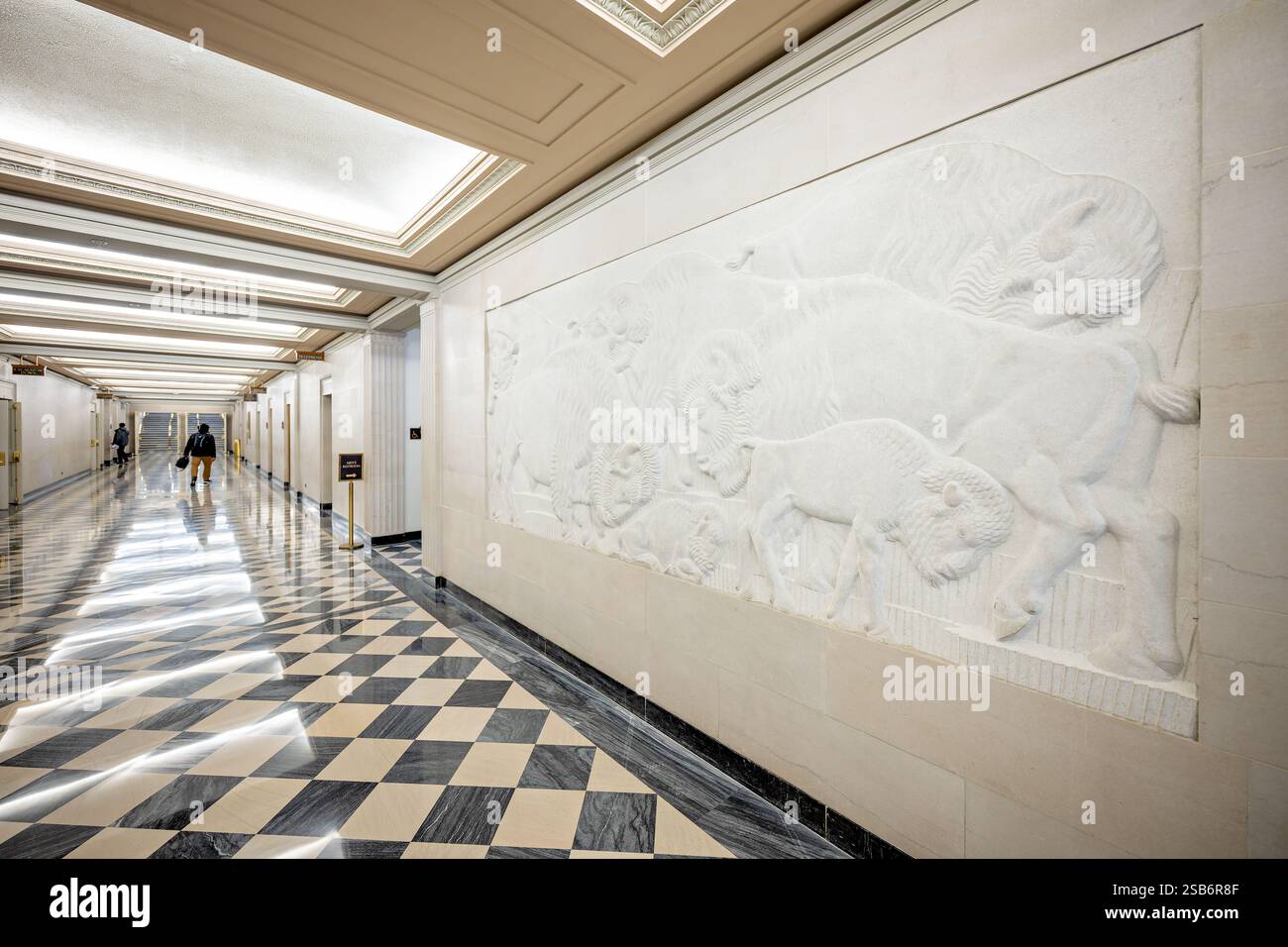 WASHINGTON DC - i rilievi in marmo del Missouri del 1940 di Boris Gilbertson American Moose e American Bison adornano il corridoio Art Deco del Dipartimento Stewart Lee Udall dell'Interior Building. Le sculture, parte della U.S. General Services Administration fine Arts Collection, combinano raffigurazioni naturalistiche di animali con elementi decorativi che completano l'architettura dell'edificio. Le opere di Gilbertson esemplificano l'integrazione dei temi della fauna selvatica americana nell'architettura federale durante l'era del New Deal. L'edificio del Dipartimento degli interni, completato nel 1936, ospita numerose opere d'arte che celebrano Foto Stock
