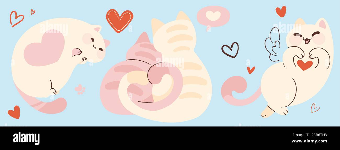 Gatti e cuori carini su sfondo azzurro. Illustrazione vettoriale di animali domestici in stile kawaii che sorridono, abbracciano, mostrano il segno d'amore, motivo senza cuciture Illustrazione Vettoriale