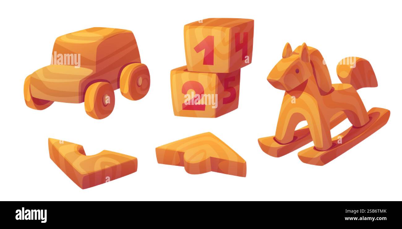 Collezione di giocattoli in legno dal design classico: Veicolo a ruote, blocchi di apprendimento numerati, personaggio a cavallo oscillante, puzzle di forma geometrica. ma naturale Illustrazione Vettoriale