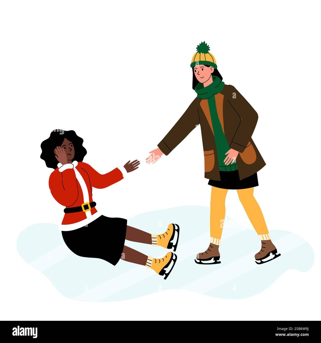 In un ambiente invernale, due amici si divertono su una pista di pattinaggio su ghiaccio all'aperto. Un amico, vestito con abiti festivi, è caduto e sta cercando un assistente Illustrazione Vettoriale