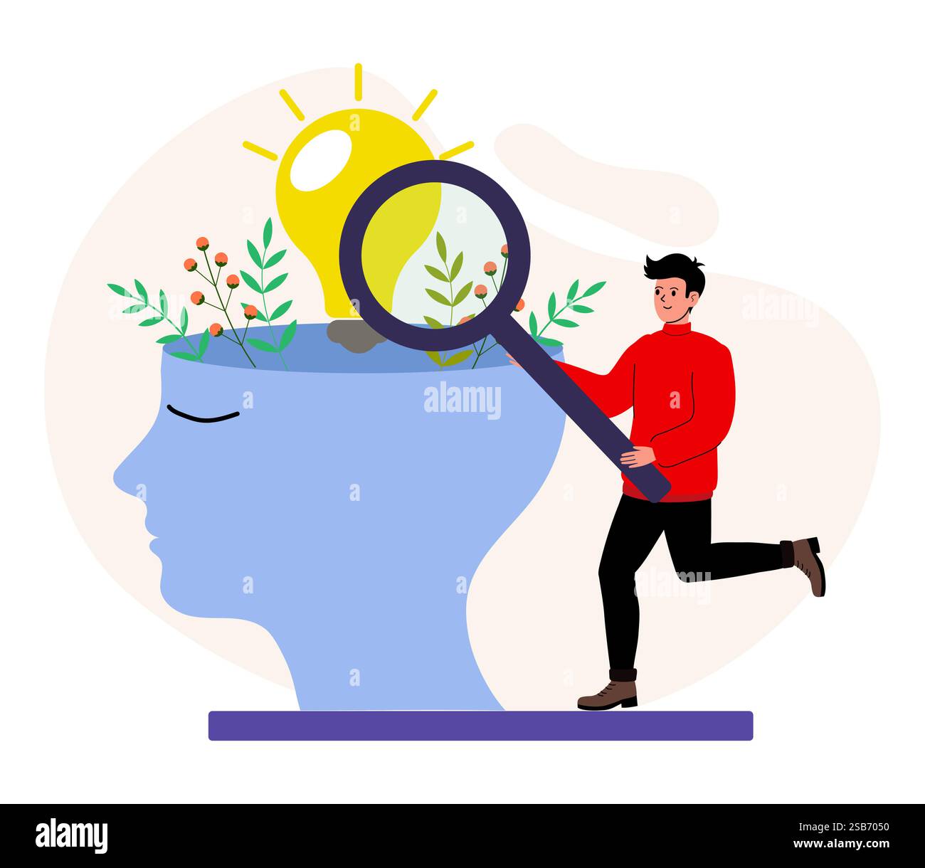 Una persona esamina con gioia una grande testa con una lampadina e piante, simboleggiando la creatività e l'esplorazione mentale. Illustrazione Vettoriale