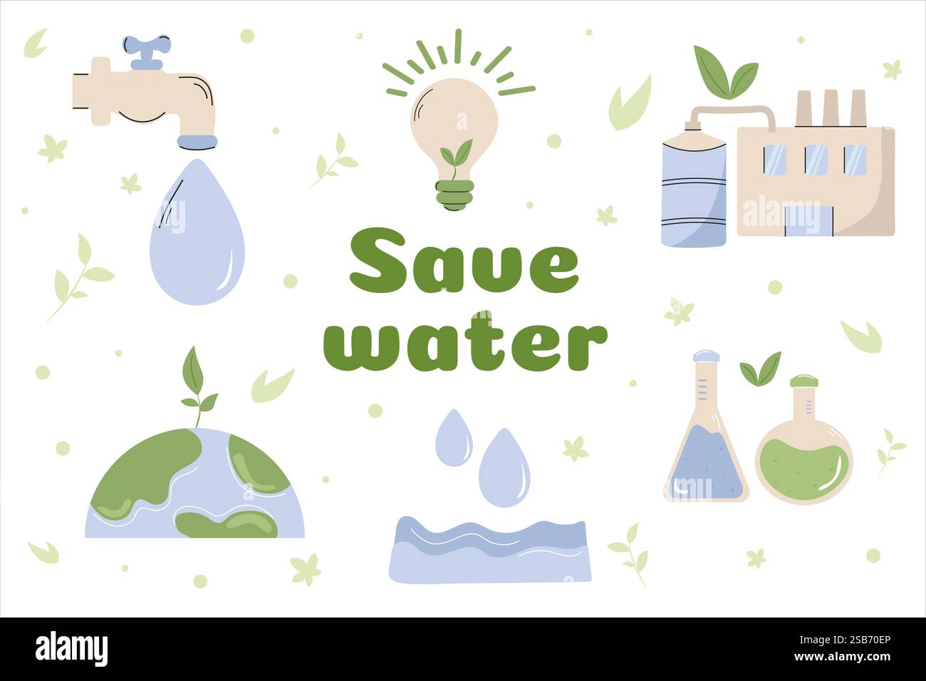 Varie illustrazioni evidenziano il significato della conservazione dell'acqua, con goccioline, piante, una lampadina e una fabbrica. Illustrazione Vettoriale