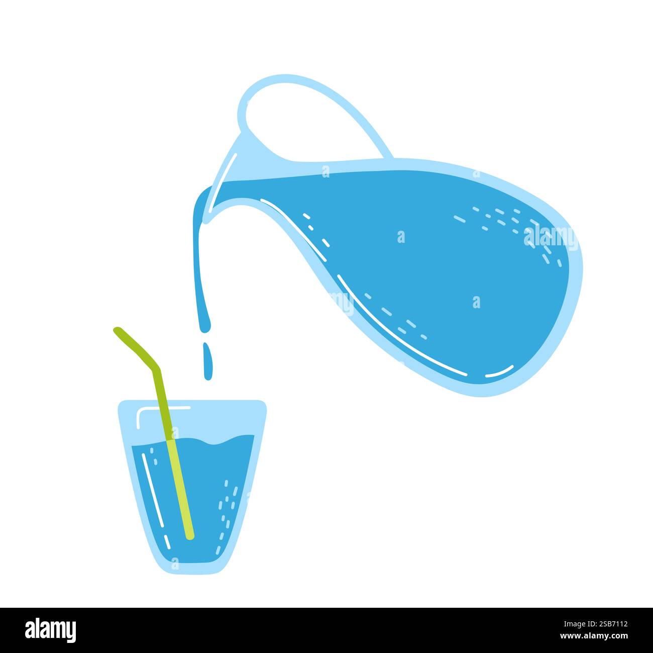 Una caraffa sta versando un vivace liquido blu in un bicchiere trasparente con una cannuccia, creando una bevanda rinfrescante. Illustrazione Vettoriale