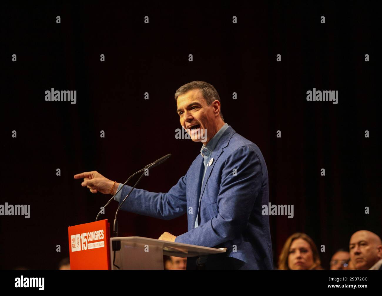 Il primo ministro spagnolo Pedro Sánchez, durante il XV Congresso del PSPV tenutosi a Valencia. Foto Stock