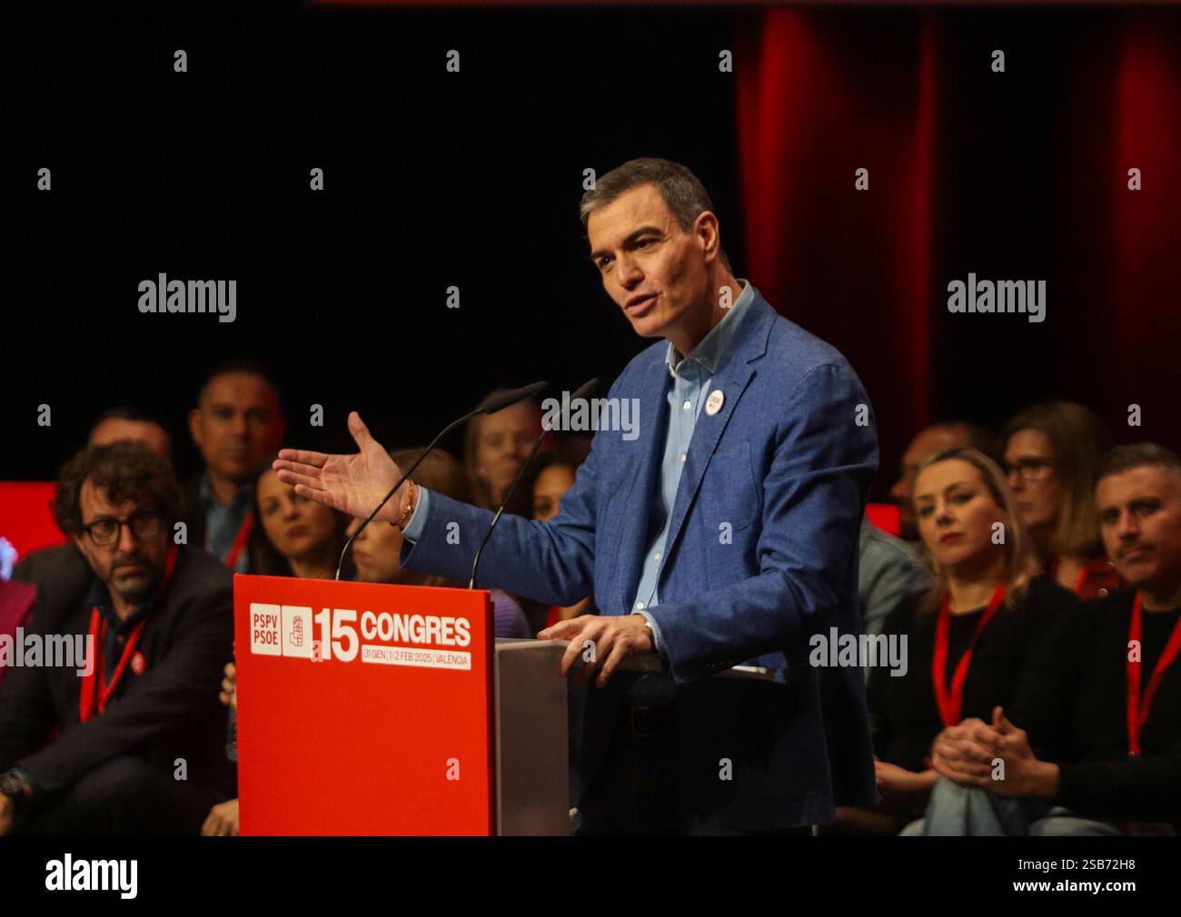 Il primo ministro spagnolo Pedro Sánchez, durante il XV Congresso del PSPV tenutosi a Valencia. Foto Stock