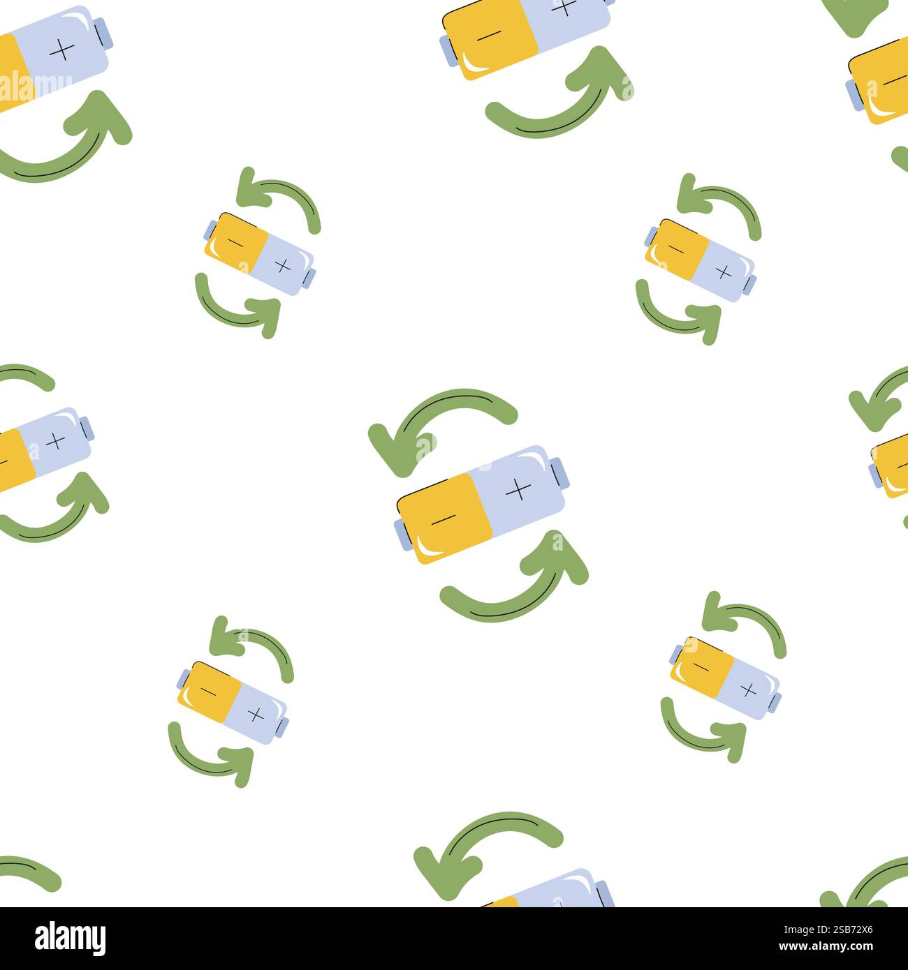 Un motivo a ripetizione presenta icone della batteria ricaricabile circondate da frecce verdi su uno sfondo bianco, che rappresentano la sostenibilità. Illustrazione Vettoriale