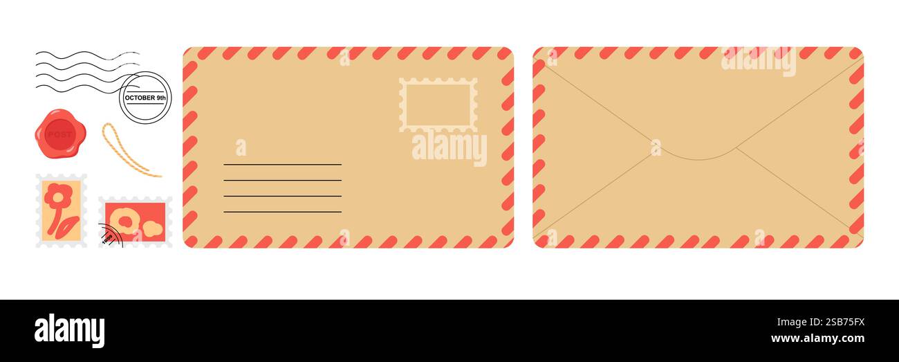 Una collezione di buste in stile vintage presenta francobolli decorativi, sigilli e un timbro postale, perfetto per realizzare progetti o espressioni artistiche Illustrazione Vettoriale